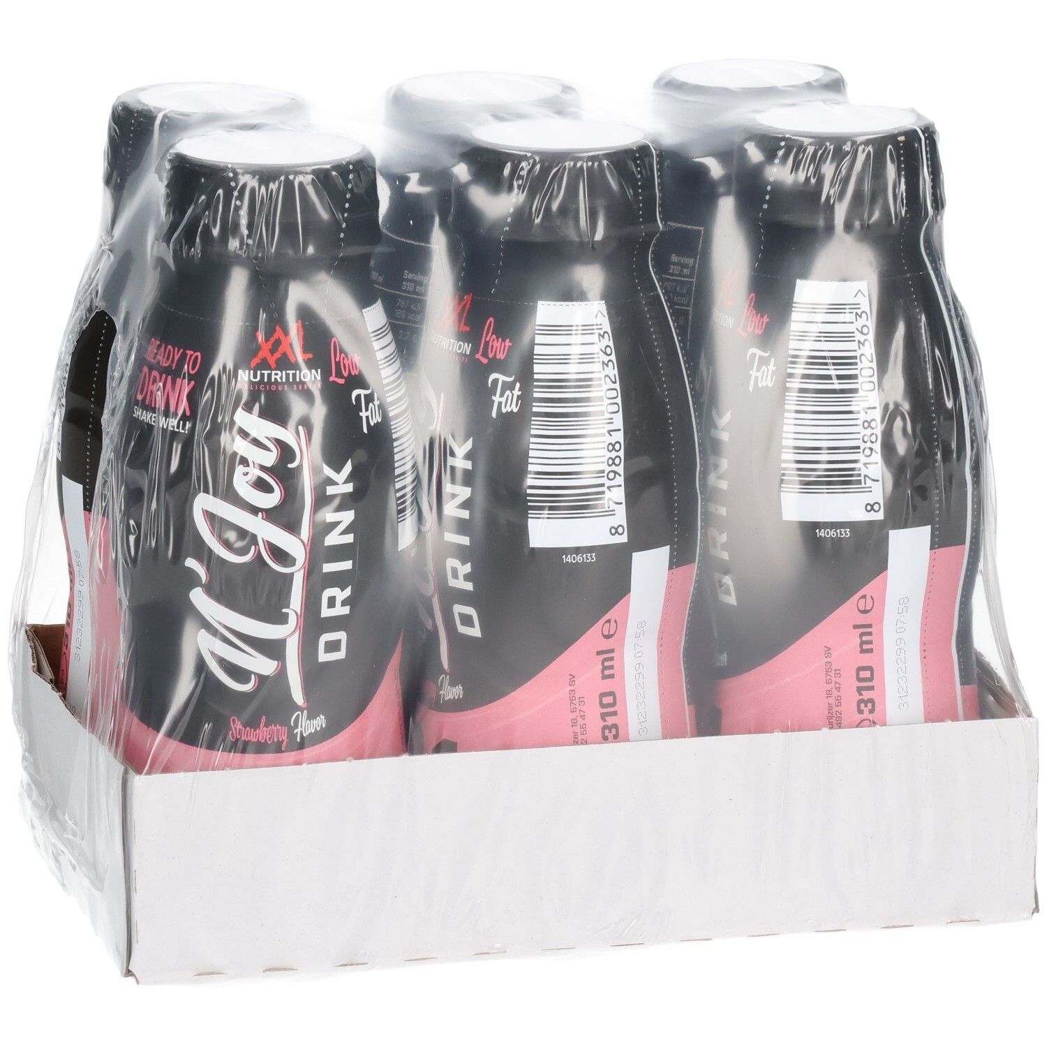 Six bouteilles de N'Joy Drink en carton. Bouteilles noires avec étiquette rose. Logo XXL Nutrition. Goût framboise.