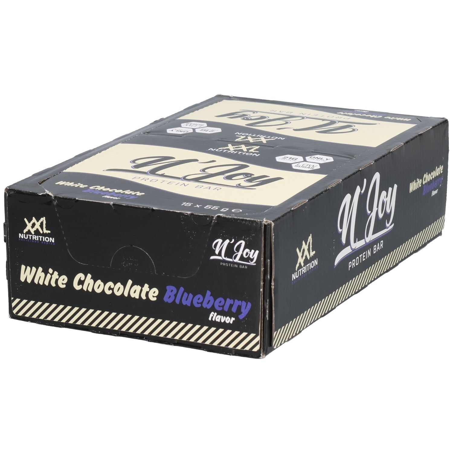 Doos met eiwitrepen. Opschrift: N'Joy Protein Bar, White Chocolate Blueberry. Merk: XXL Nutrition.