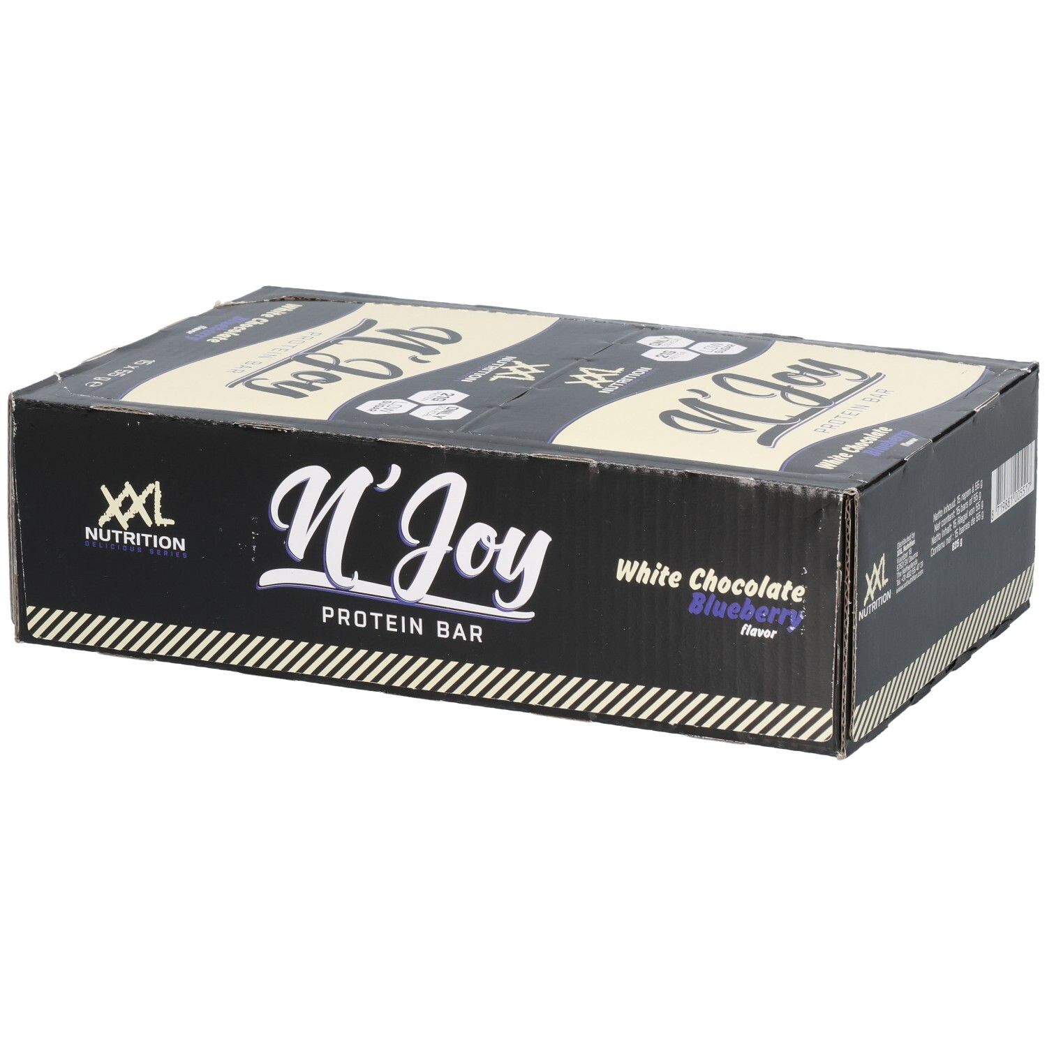 Doos met eiwitrepen. Opschrift: N'Joy Protein Bar, White Chocolate Blueberry. Merk: XXL Nutrition.