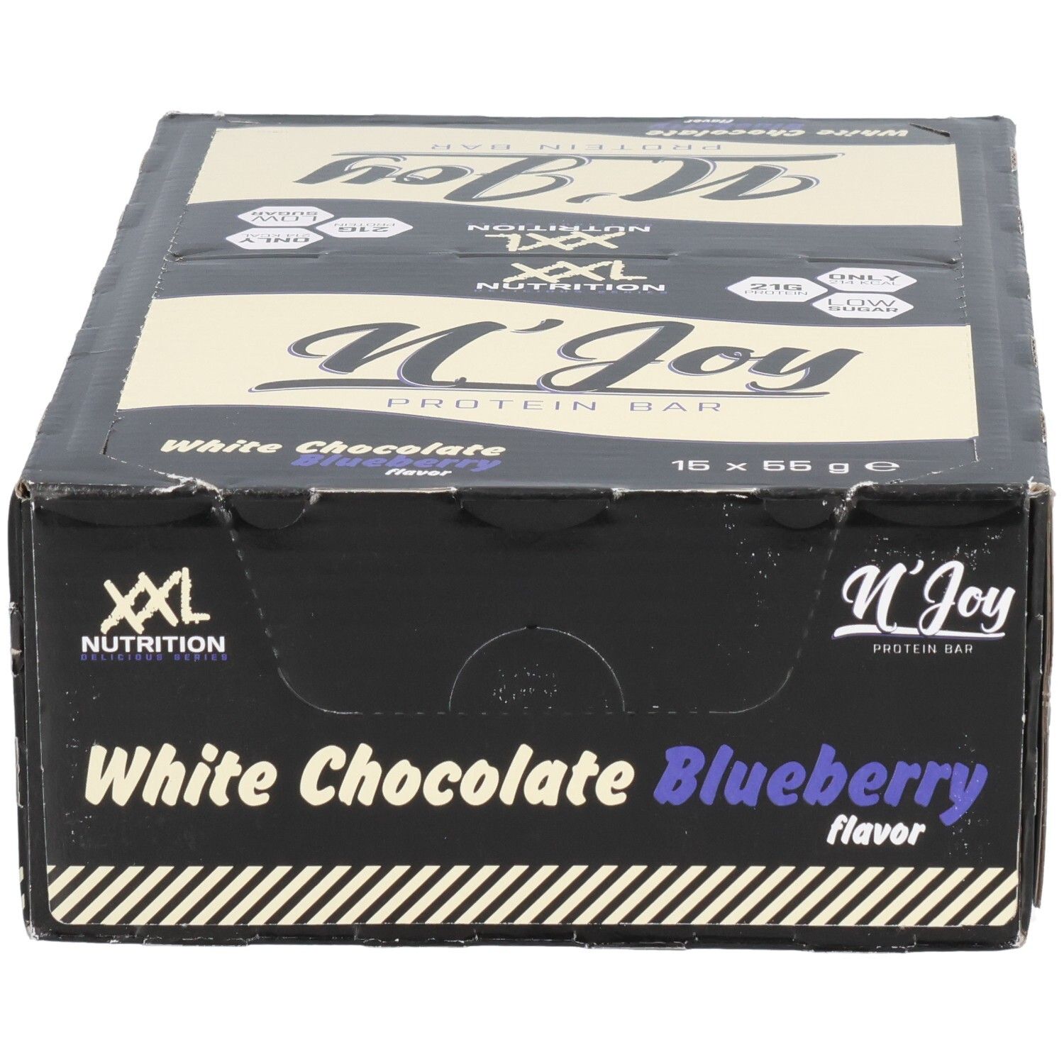 Doos met eiwitrepen. Opschrift: N'Joy Protein Bar, White Chocolate Blueberry. Merk: XXL Nutrition.
