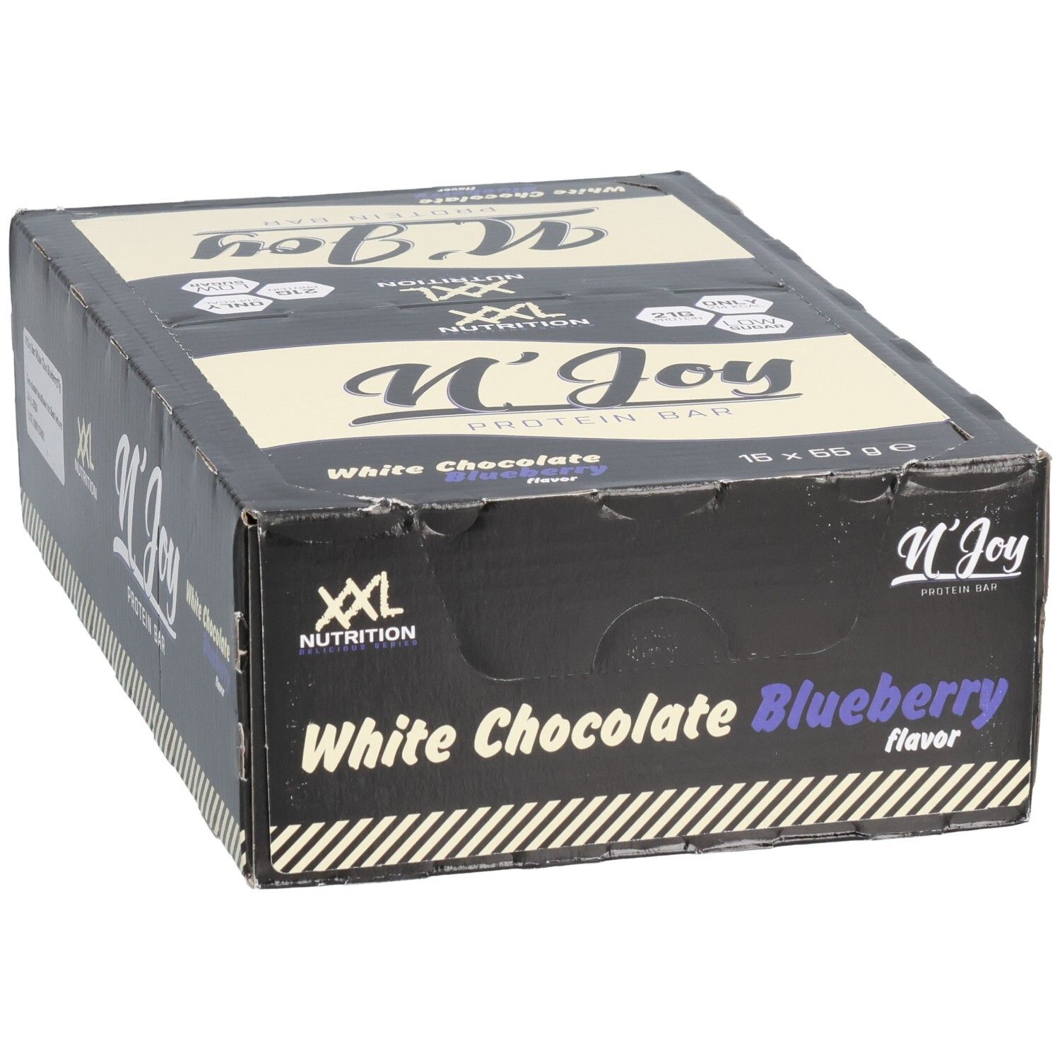Doos met eiwitrepen. Opschrift: N'Joy Protein Bar, White Chocolate Blueberry. Merk: XXL Nutrition.