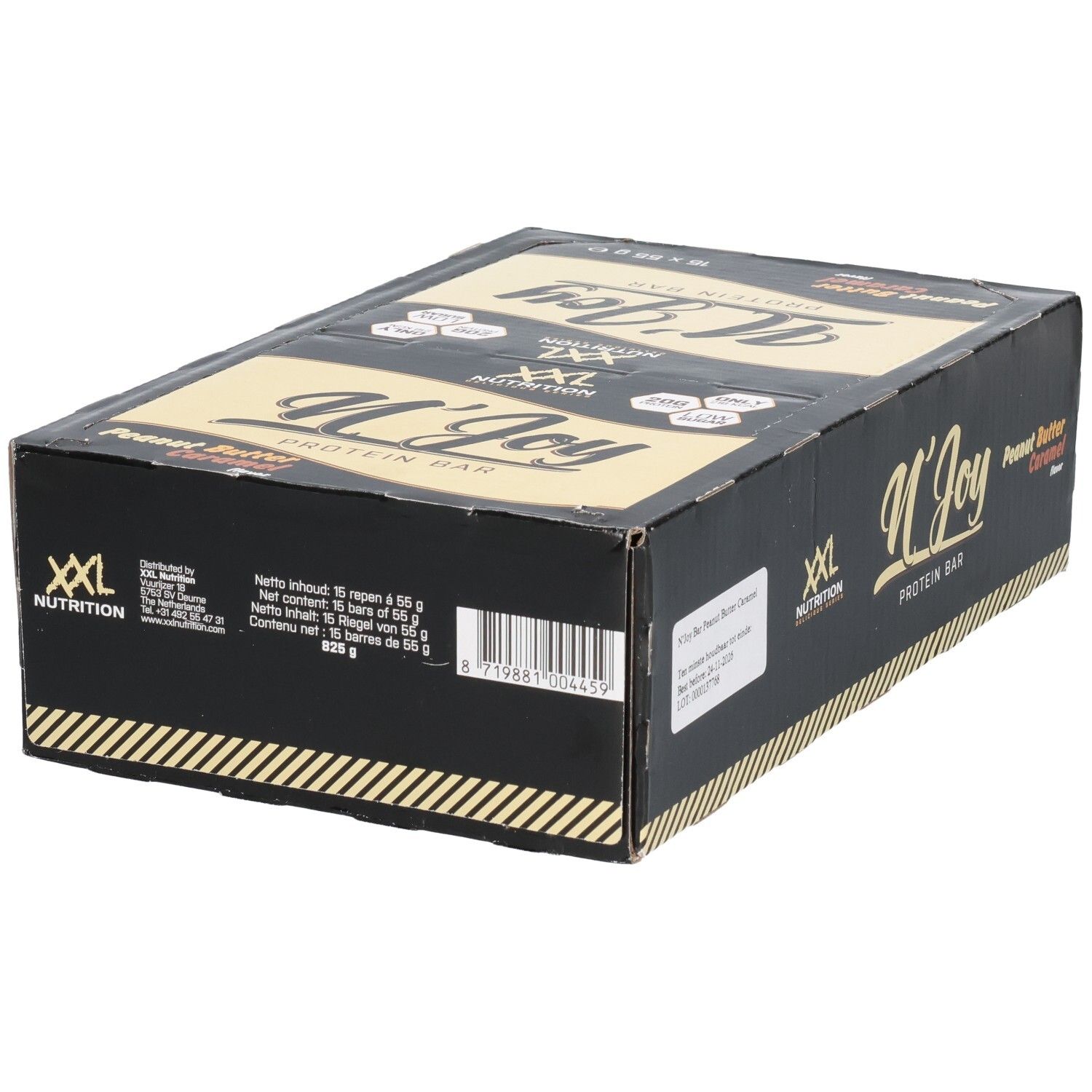 Zwarte doos met XXL Nutrition N'Joy Protein Bar. Smaak: Peanut Butter Caramel. 15 repen.