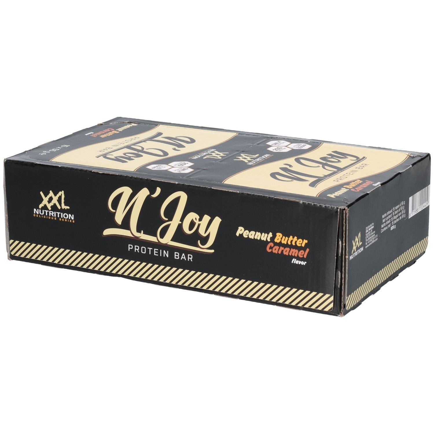 Zwarte doos met XXL Nutrition N'Joy Protein Bar. Smaak: Peanut Butter Caramel. 15 repen.