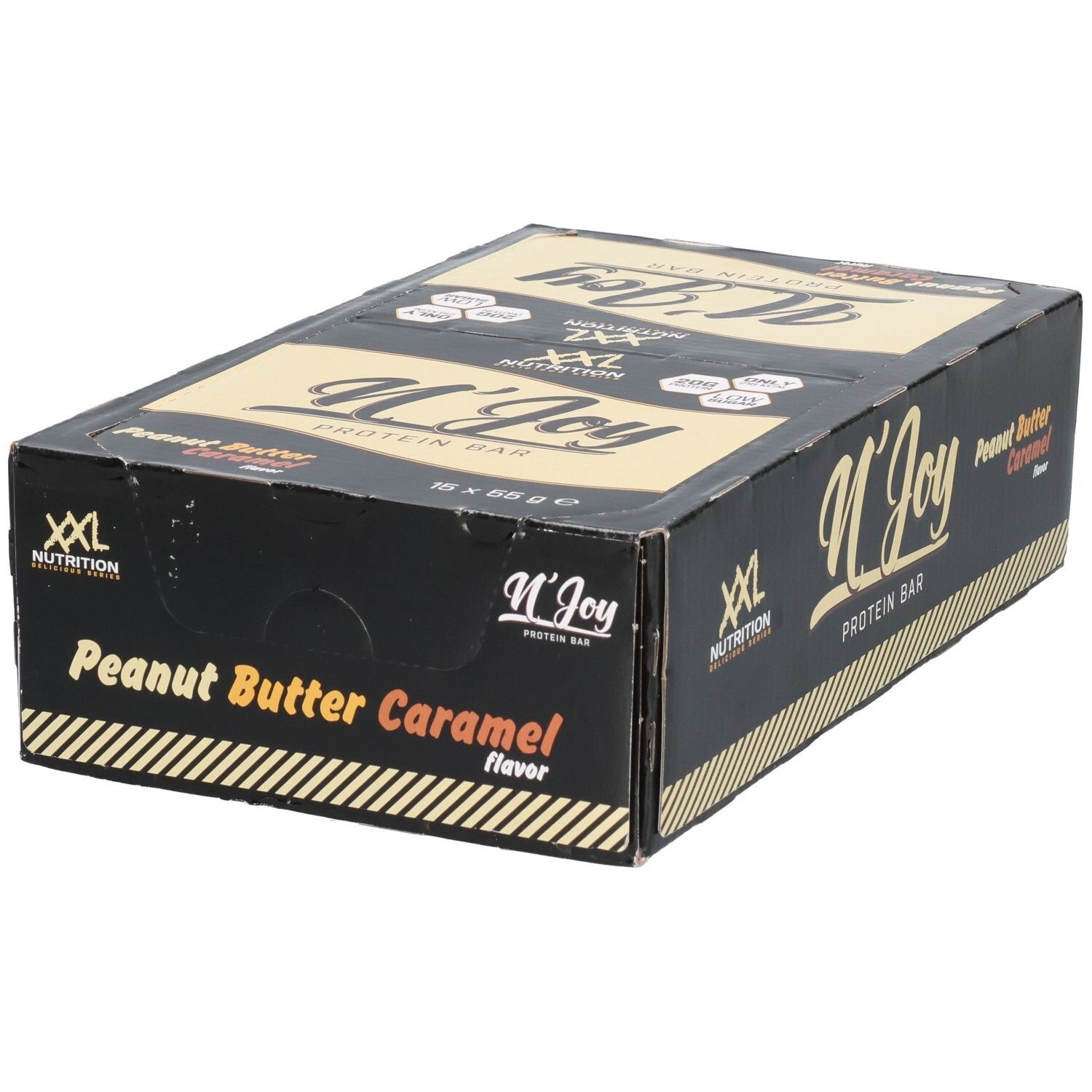 Zwarte doos met XXL Nutrition N'Joy Protein Bar. Smaak: Peanut Butter Caramel. 15 repen.