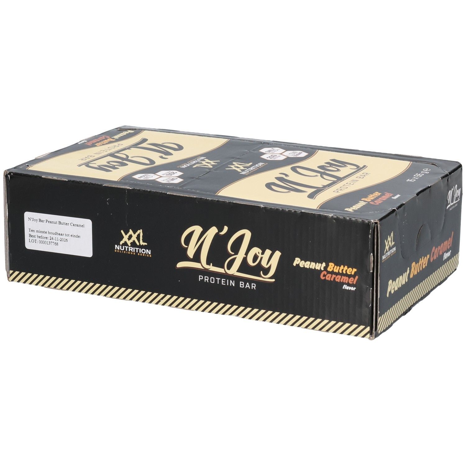 Zwarte doos met XXL Nutrition N'Joy Protein Bar. Smaak: Peanut Butter Caramel. 15 repen.