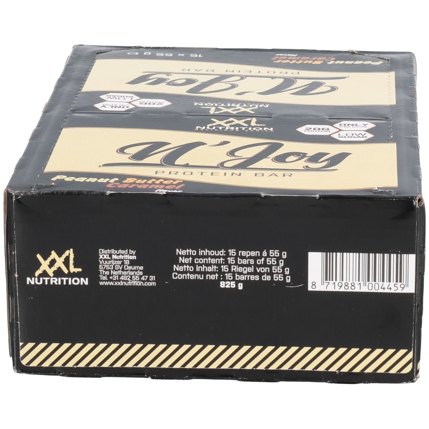 Zwarte doos met XXL Nutrition N'Joy Protein Bar. Smaak: Peanut Butter Caramel. 15 repen.