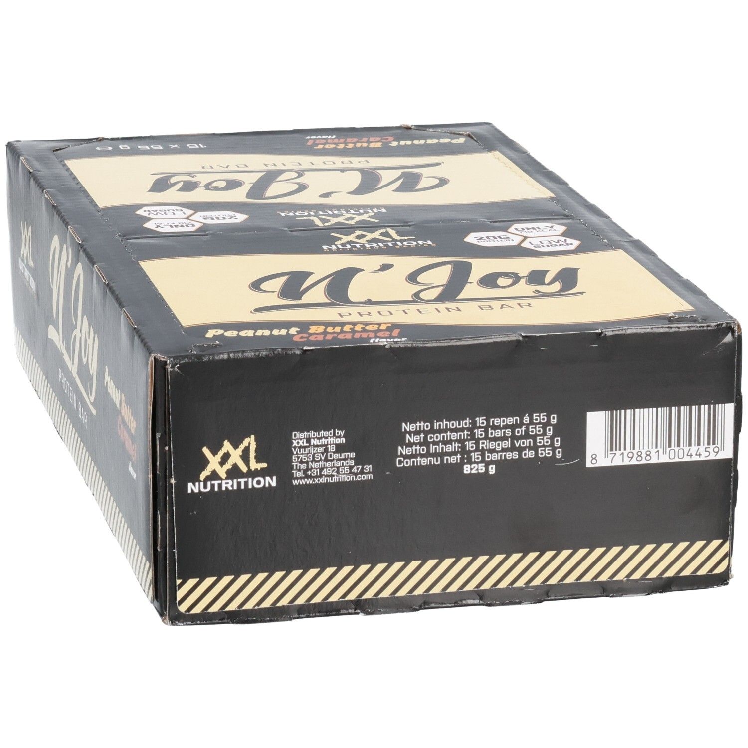 Zwarte doos met XXL Nutrition N'Joy Protein Bar. Smaak: Peanut Butter Caramel. 15 repen.