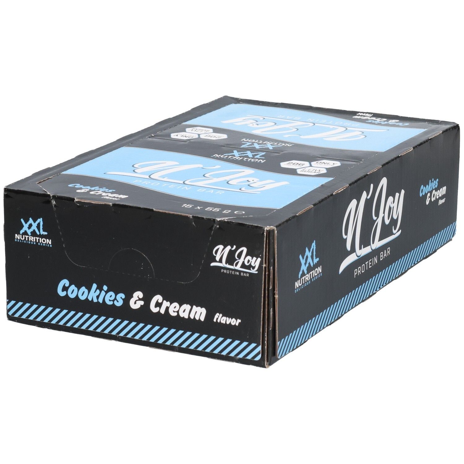 Zwarte doos met eiwitrepen. Opschrift: XXL Nutrition, N'Joy Protein Bar Cookies & Cream. Blauwe en witte accenten.