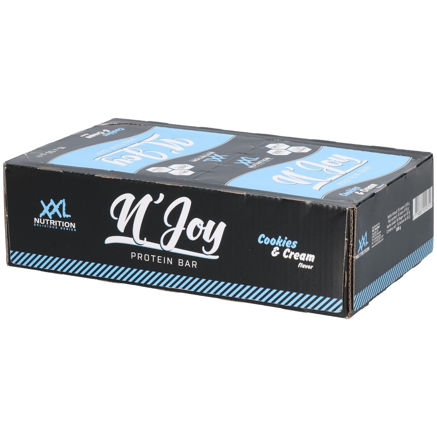 Doos met eiwitrepen. Opschrift: XXL Nutrition, N'Joy Protein Bar Cookies & Cream. Blauwe en witte accenten.