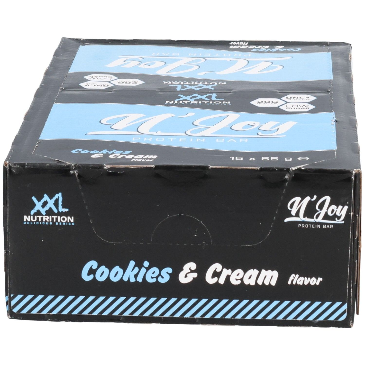 Doos met eiwitrepen. Opschrift: XXL Nutrition, N'Joy Protein Bar Cookies & Cream. Blauwe en witte accenten. 16 repen.