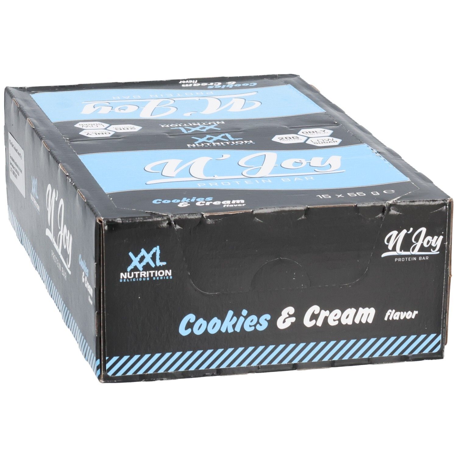Doos met eiwitrepen. Opschrift: XXL Nutrition, N'Joy Protein Bar Cookies & Cream. Blauwe en witte accenten. 16 repen.