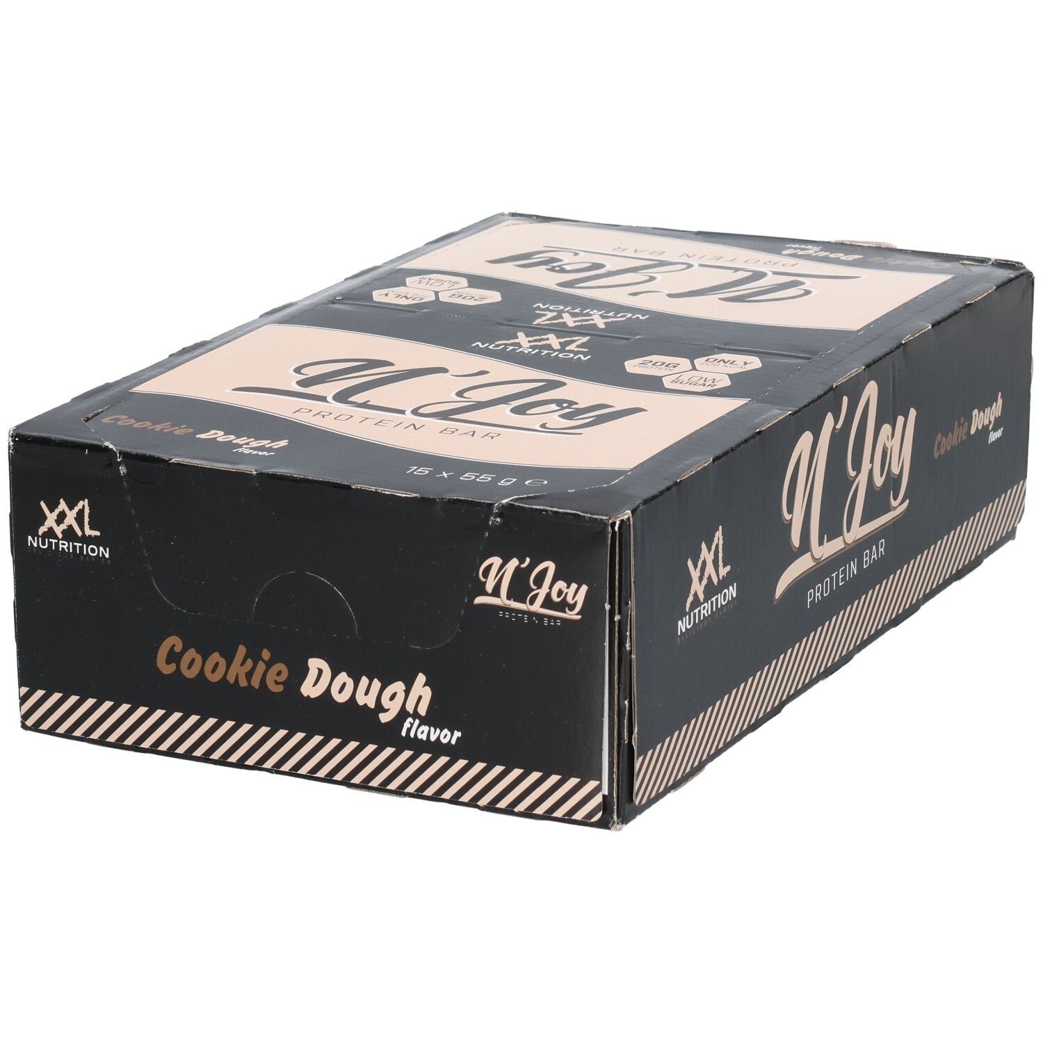 Zwarte doos met eiwitrepen. Opschrift: N'Joy Protein Bar Cookie Dough. Merk: XXL Nutrition. 16 repen.