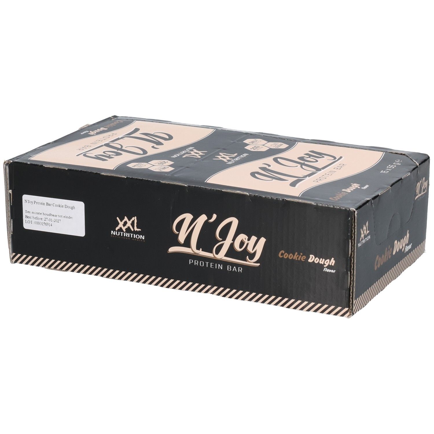 Zwarte doos met eiwitrepen. Opschrift: N'Joy Protein Bar Cookie Dough. Merk: XXL Nutrition. 16 repen.