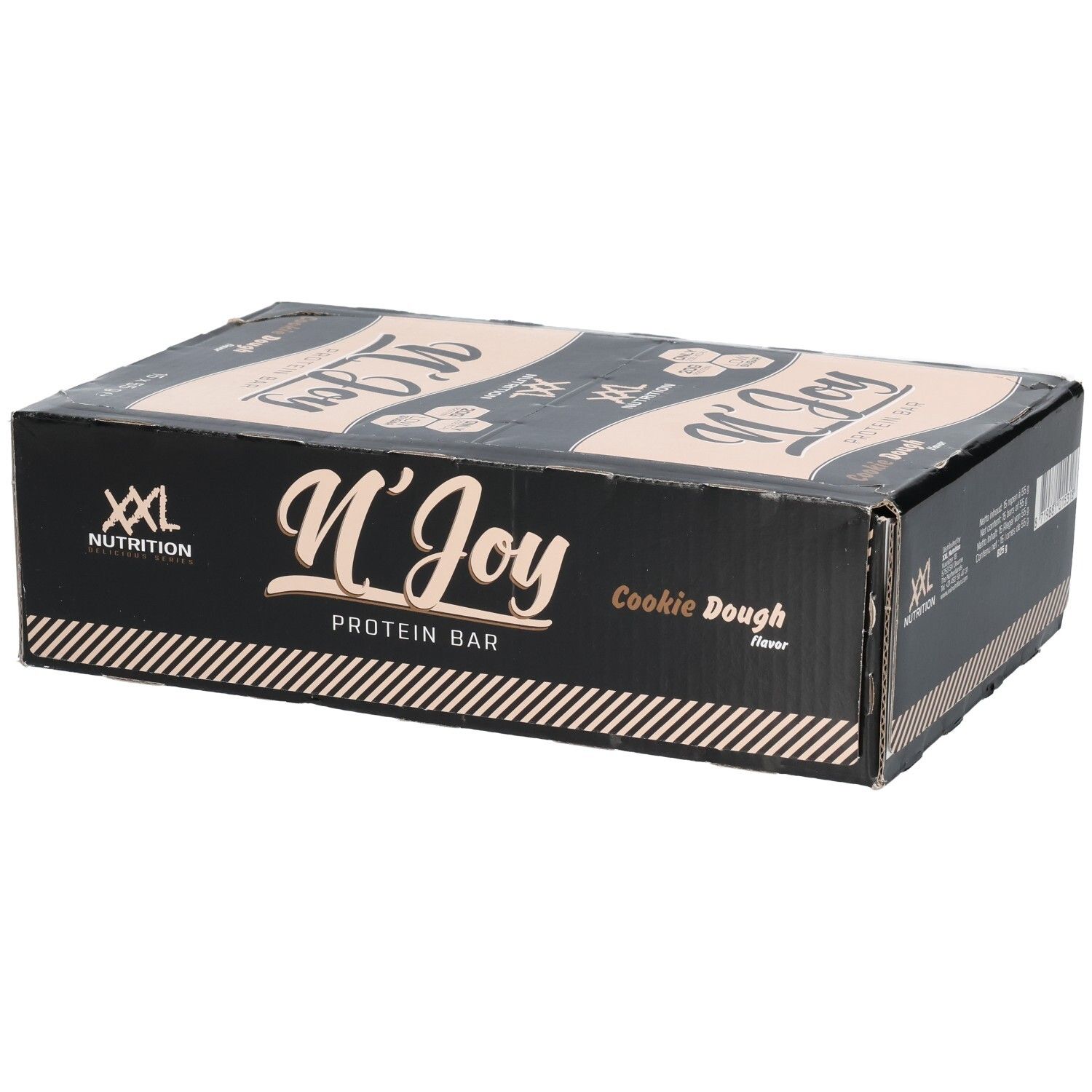 Zwarte doos met eiwitrepen. Opschrift: N'Joy Protein Bar Cookie Dough. Merk: XXL Nutrition. 16 repen.