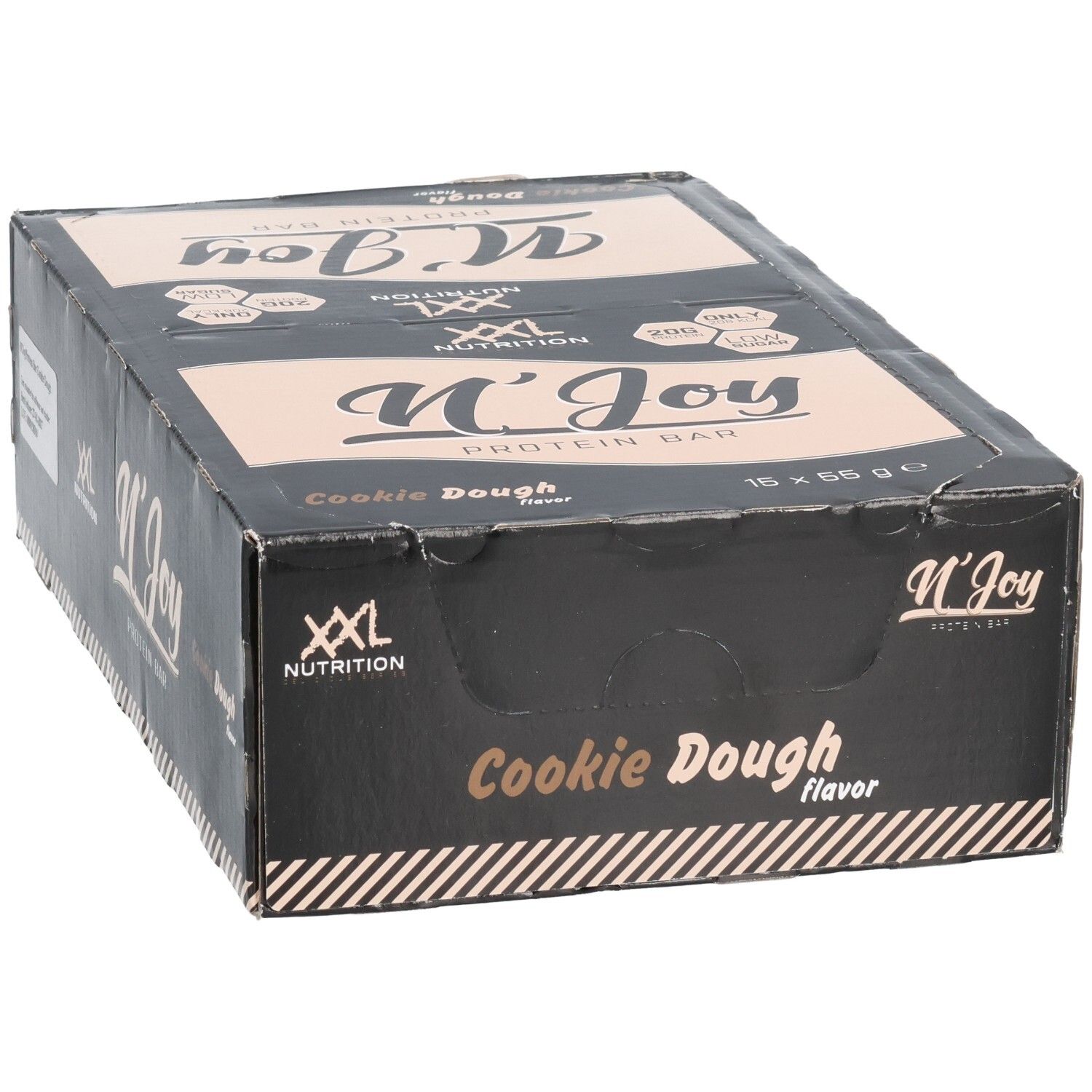 Zwarte doos met eiwitrepen. Opschrift: N'Joy Protein Bar Cookie Dough. Merk: XXL Nutrition. 16 repen.