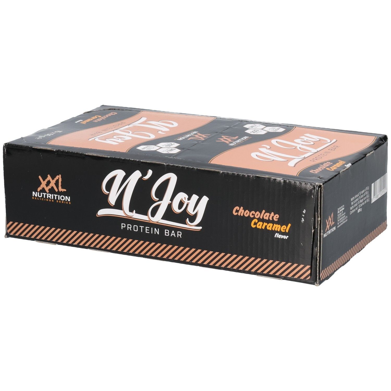 Boîte noire de barres protéinées XXL Nutrition N'Joy Chocolate Caramel. Inscription : N'Joy Protein Bar, saveur Chocolate Caramel.