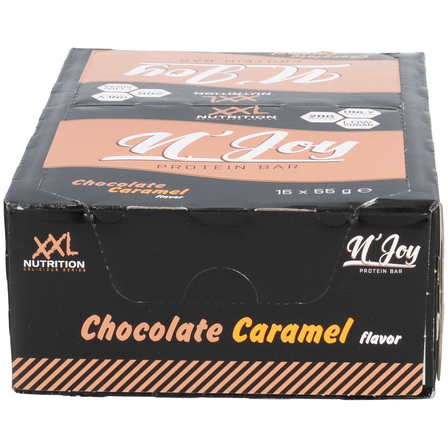 Boîte noire de barres protéinées XXL Nutrition N'Joy Chocolate Caramel. Inscription : N'Joy Protein Bar, 16 x 55g, saveur.