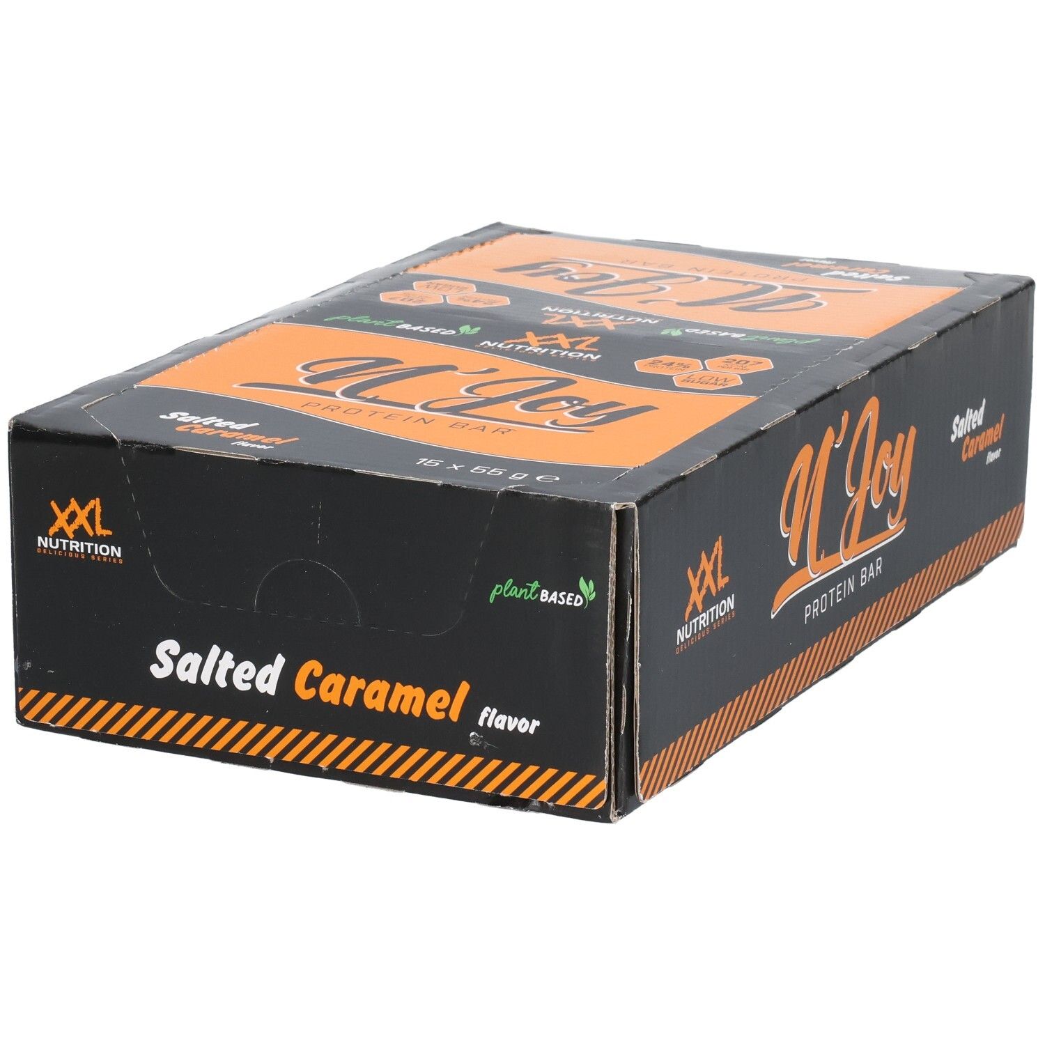 Boîte noire et orange. Inscription: N'Joy Protein Bar, Salted Caramel. Logo XXL Nutrition. Mention Plant Based.