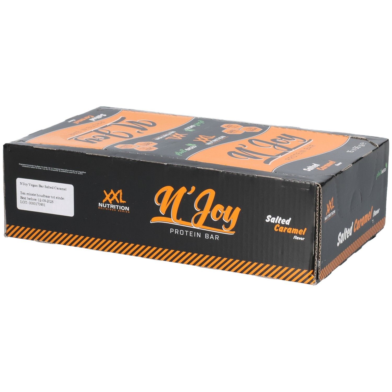Boîte noire et orange. Inscription: N'Joy Protein Bar, Salted Caramel. Logo XXL Nutrition. Mention Plant Based. Date de péremption.