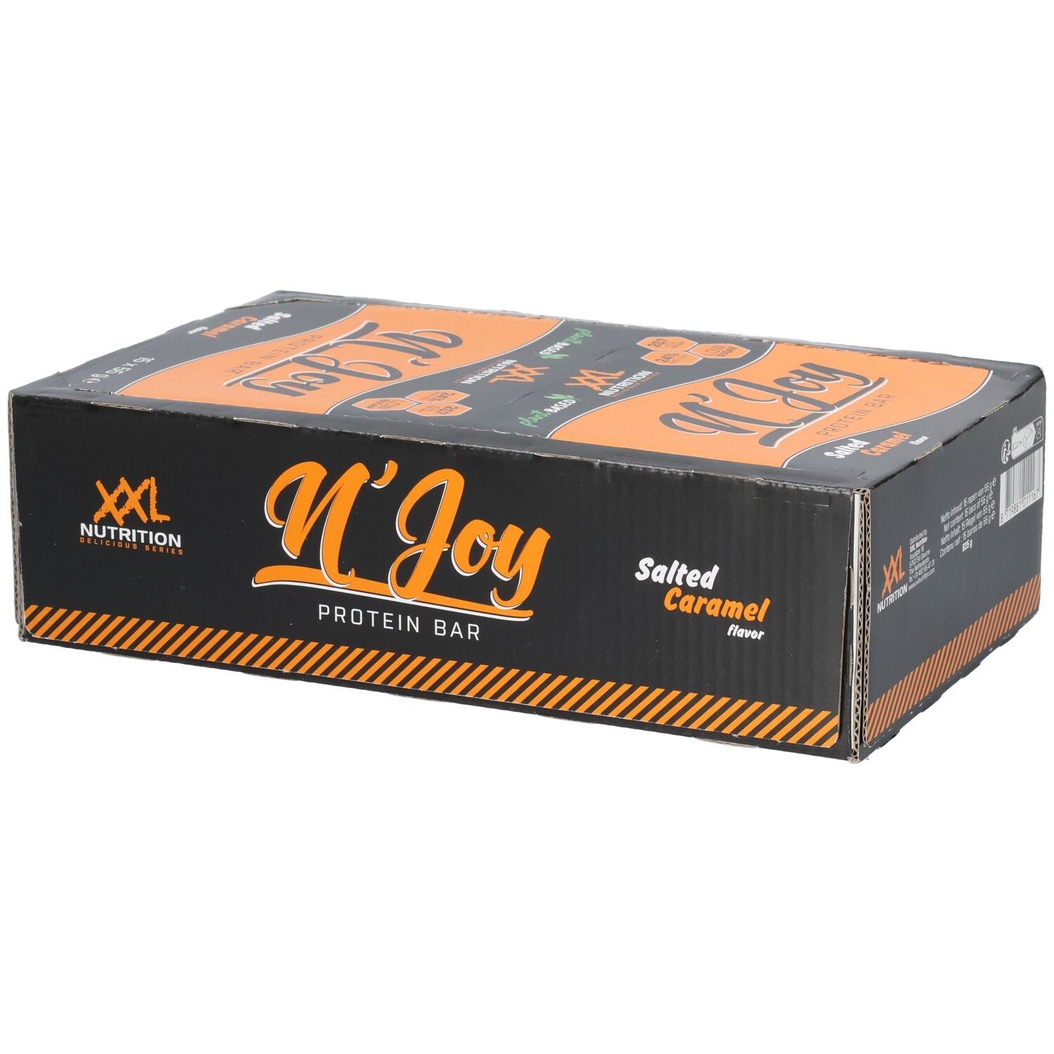 Boîte noire et orange. Inscription: N'Joy Protein Bar, Salted Caramel. Logo XXL Nutrition. Mention Plant Based.