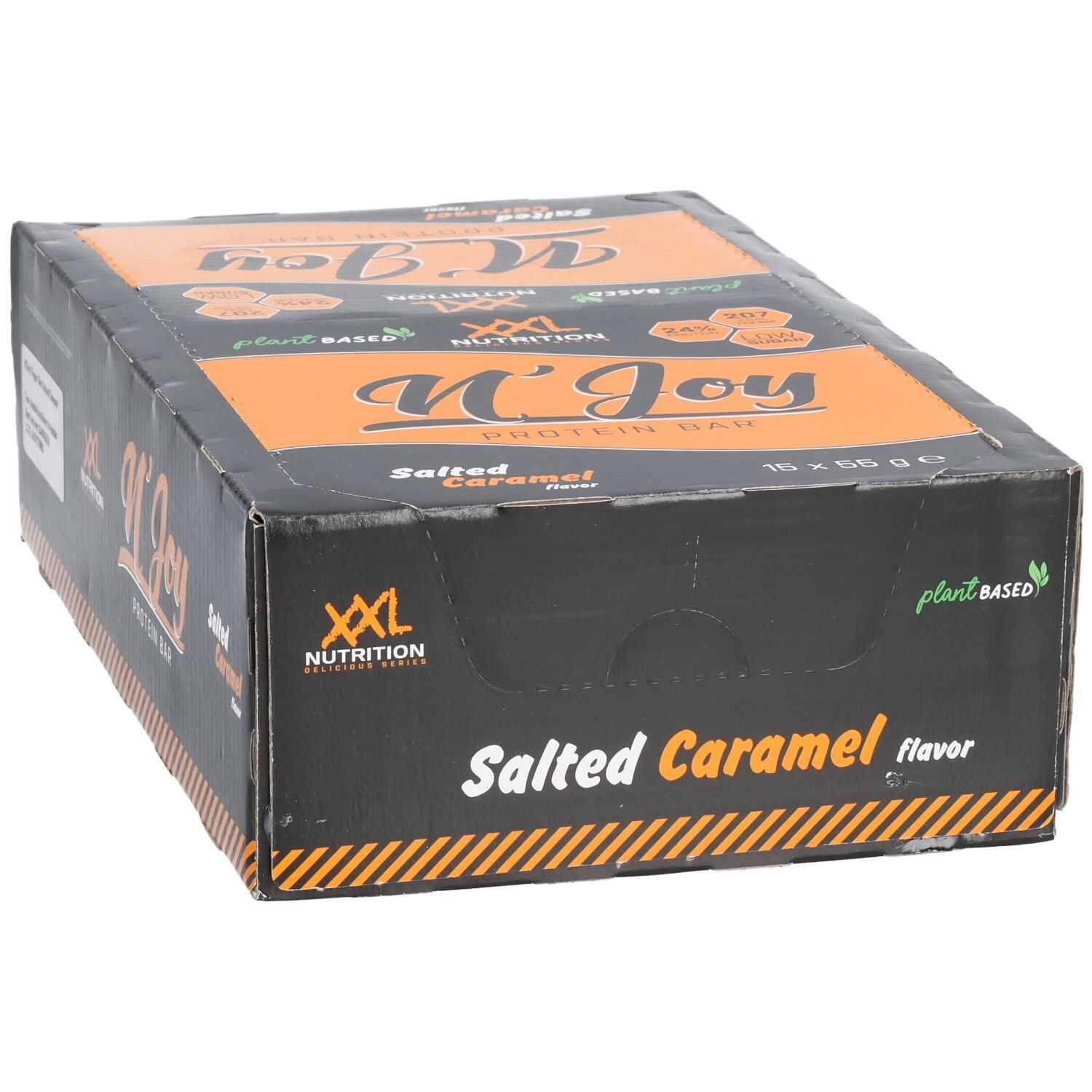 Boîte noire et orange. Inscription: N'Joy Protein Bar, Salted Caramel. Logo XXL Nutrition. Mention Plant Based. 15 x 55g.