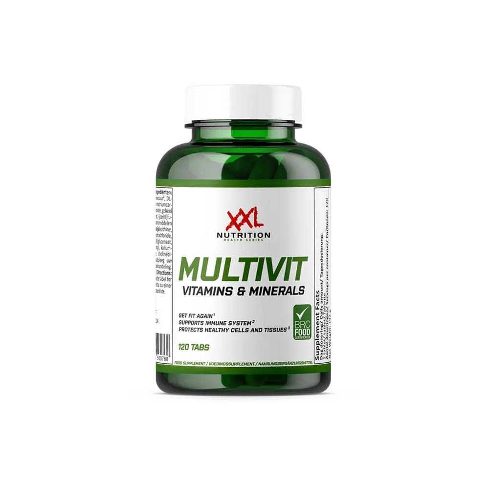 Groene fles met witte dop. Opschrift: XXL Nutrition, Multivit, Vitamines & Minerals. 120 tabletten.