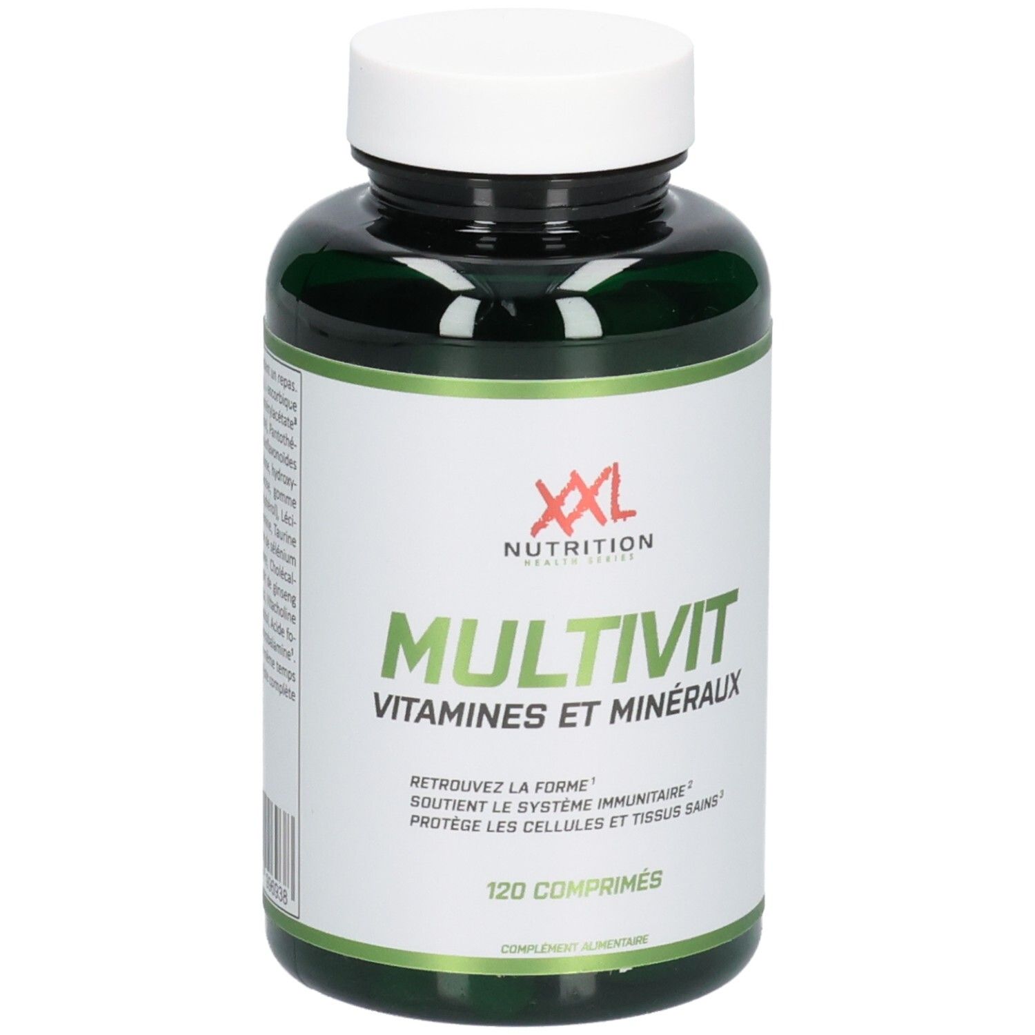 Groene fles met witte dop. Opschrift: XXL Nutrition, Multivit, Vitamines et minéraux. 120 tabletten.