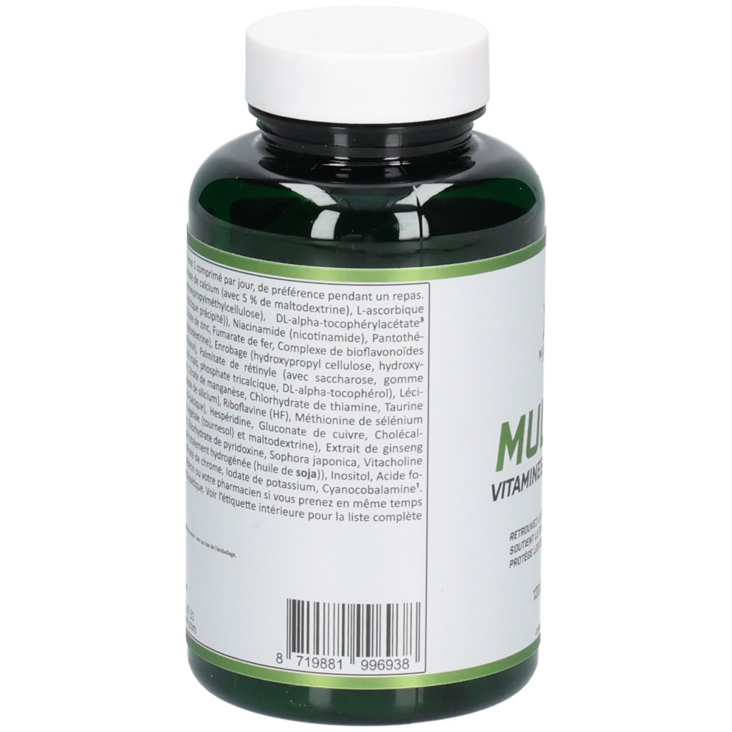 Achterkant van een groene fles. Tekst met ingrediënten en voedingswaarde. Barcode onderaan.