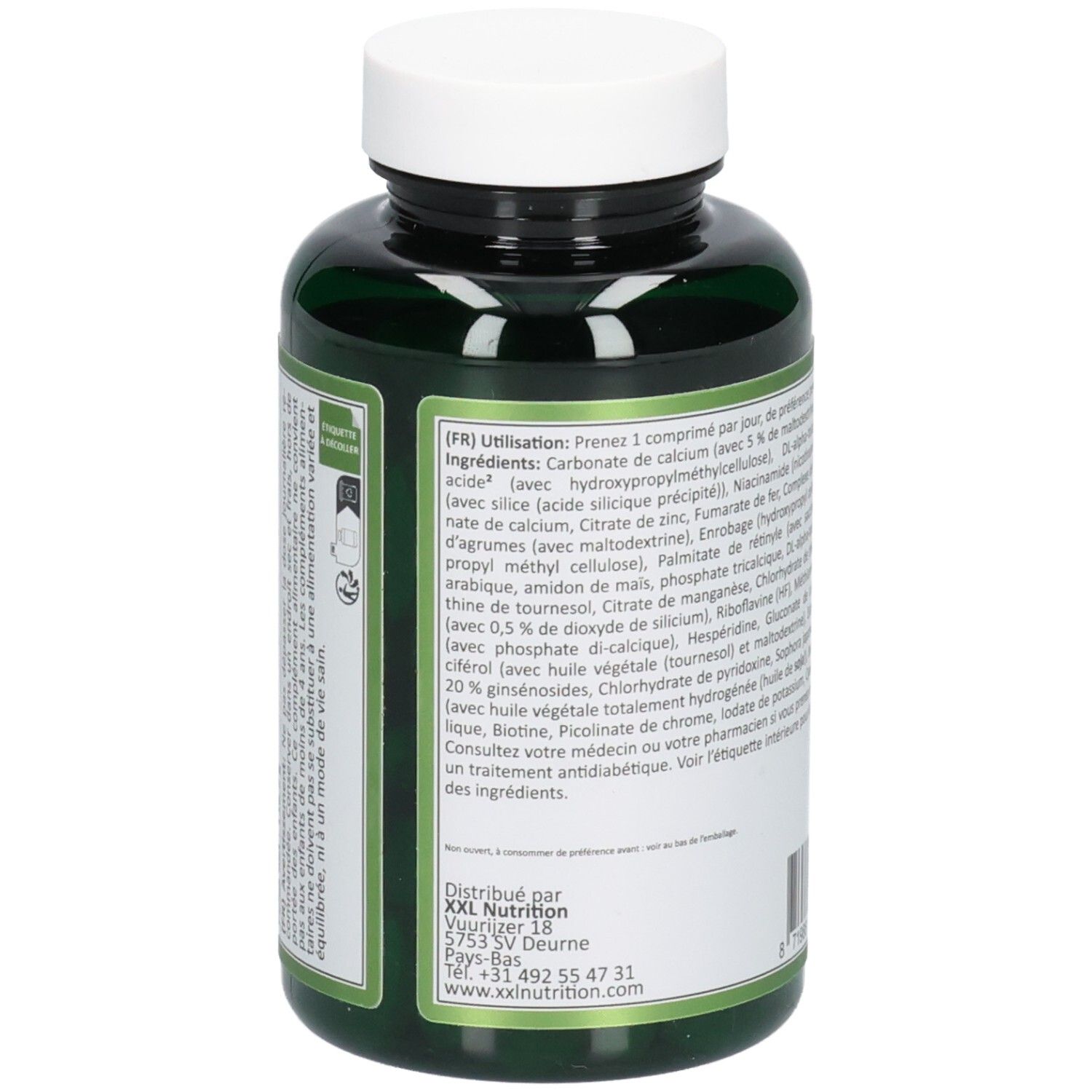 Achterkant van een groene fles. Tekst met ingrediënten en gebruiksaanwijzing. XXL Nutrition logo.