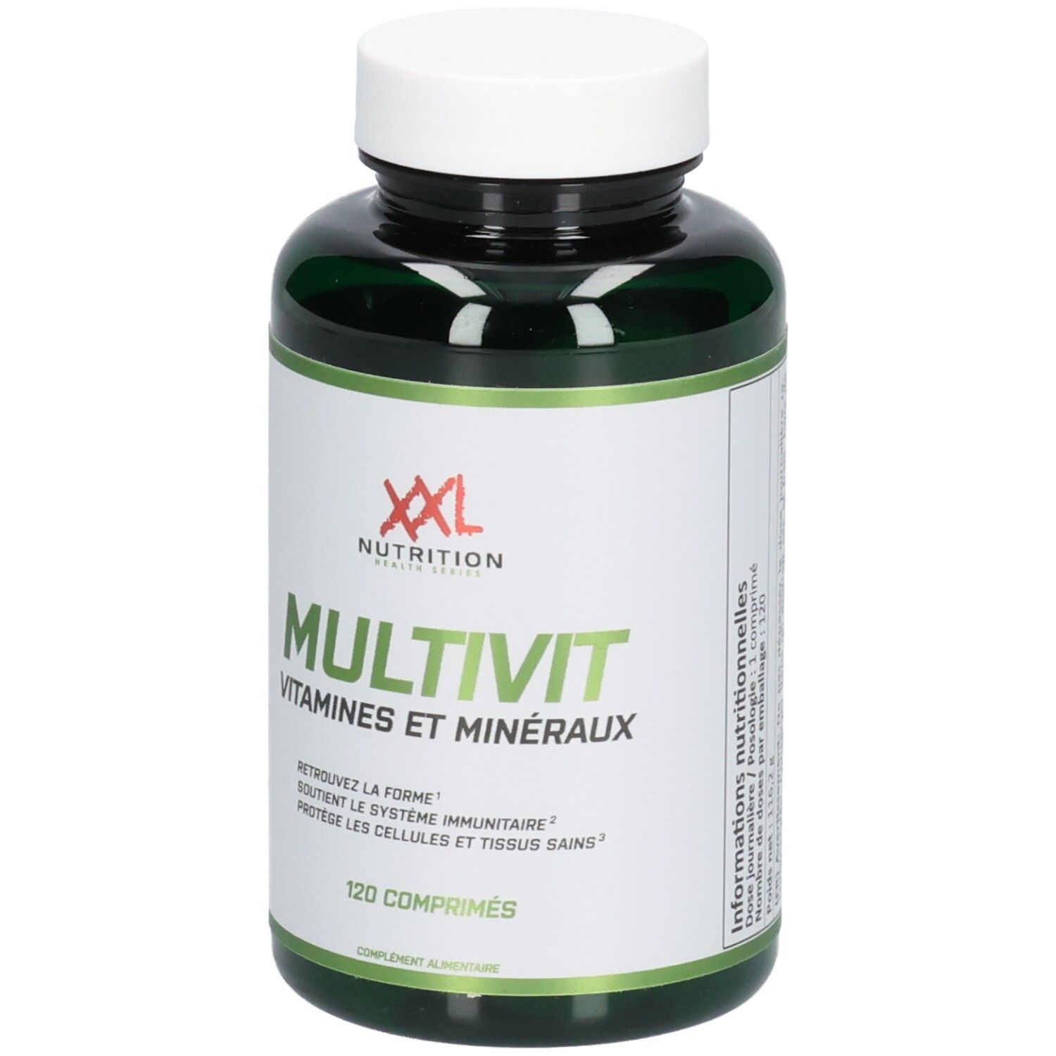 Groene fles met witte dop. Opschrift: XXL Nutrition, Multivit, Vitamines et minéraux. 120 tabletten.