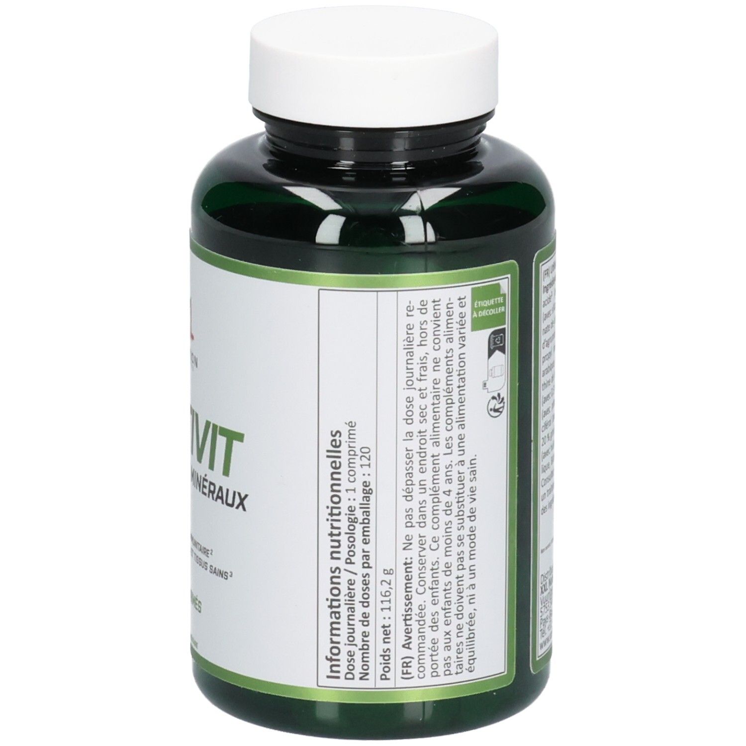 Groene fles met witte dop. Opschrift: XXL Nutrition, Multivit, Vitamines et minéraux. 120 tabletten.