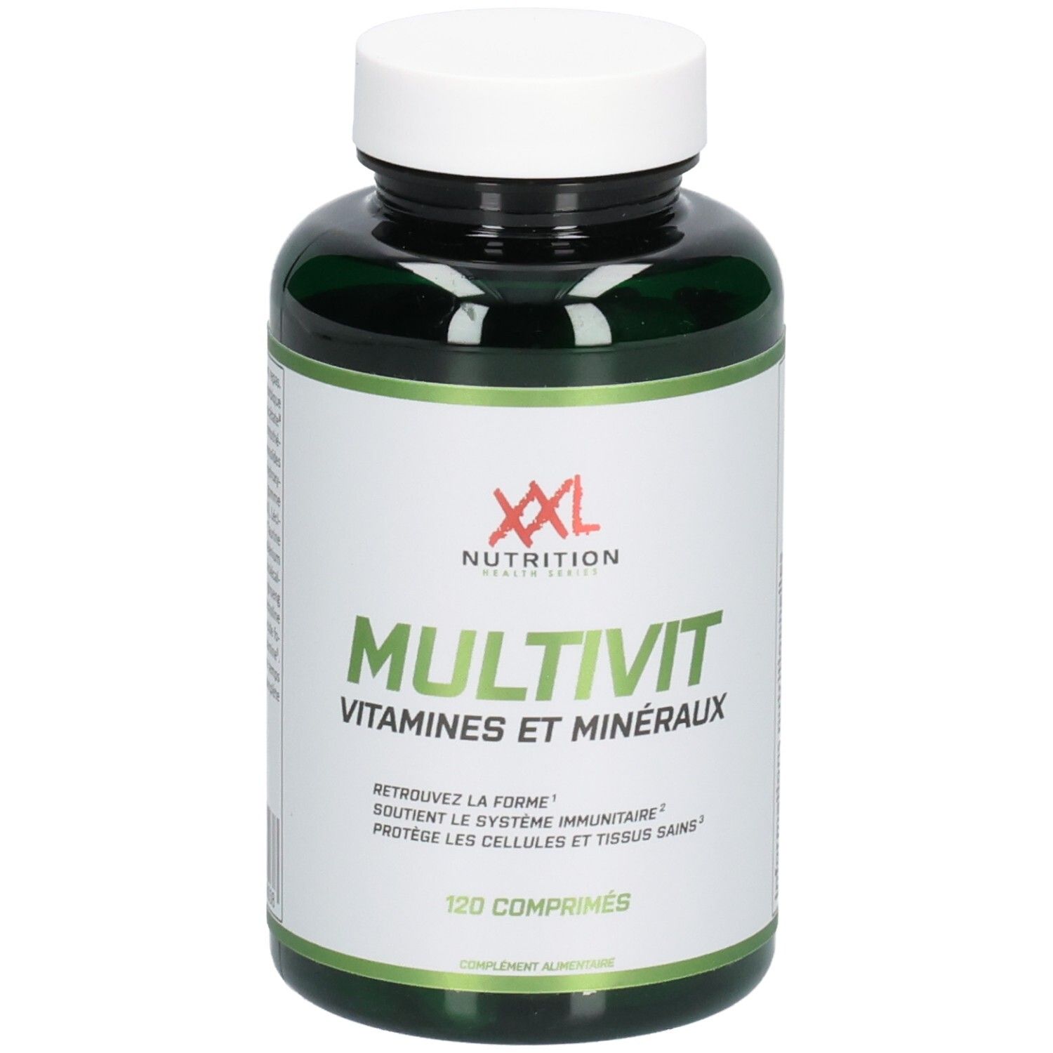 Groene fles met witte dop. Opschrift: XXL Nutrition, Multivit, Vitamines et minéraux. 120 tabletten.
