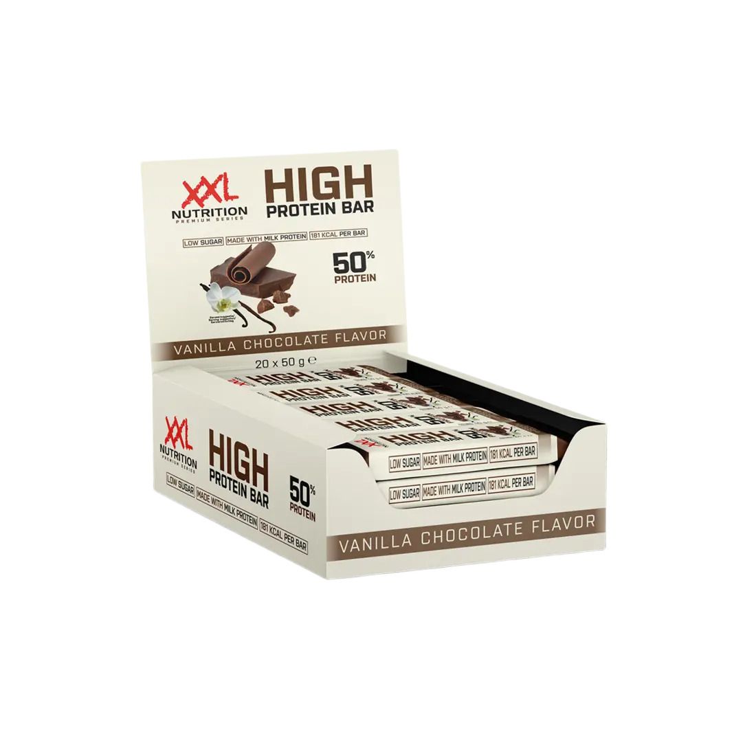 Open doos XXL Nutrition High Protein Bars. Opschrift: Vanilla Chocolate Flavor, High Protein Bar, 50% Protein.