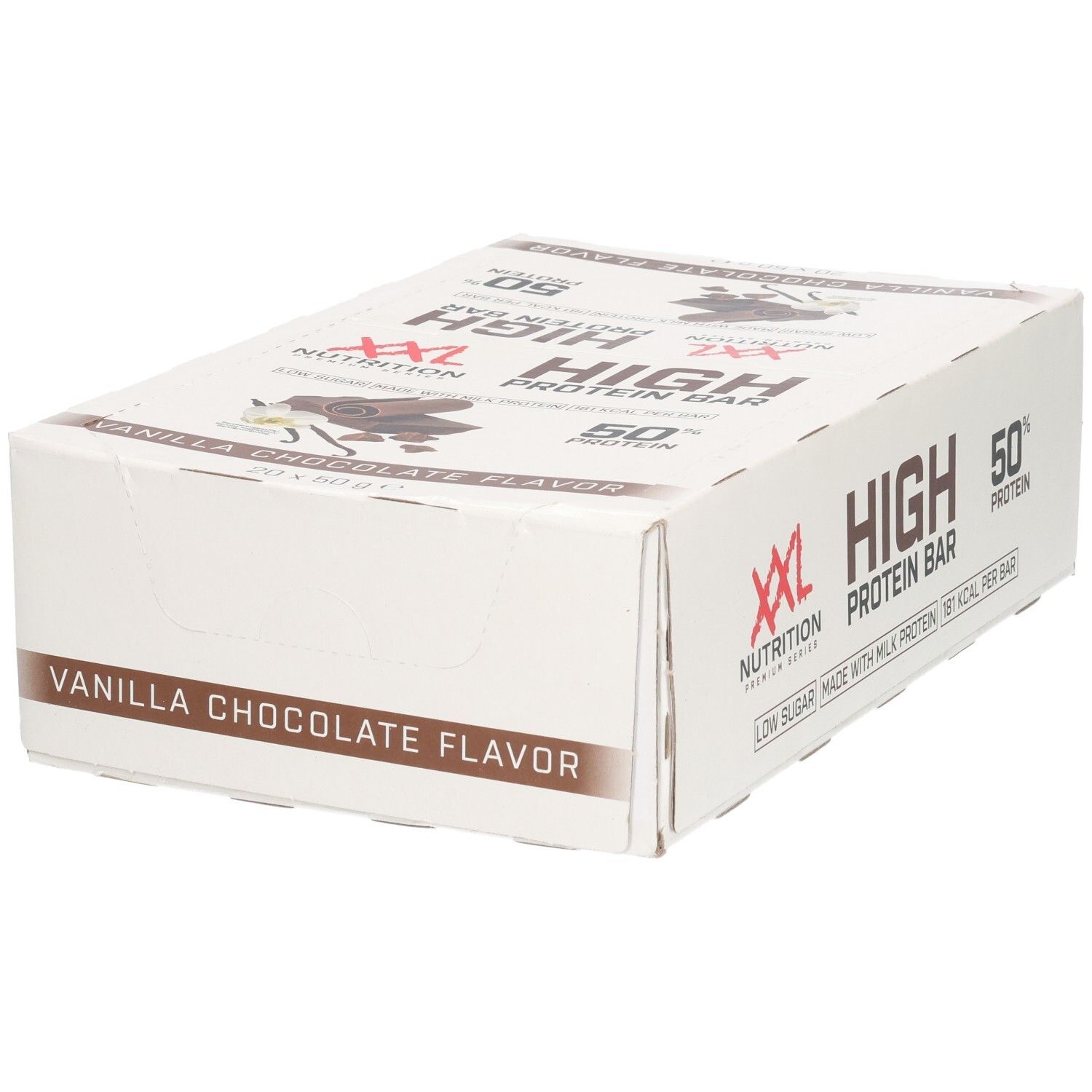 Doos XXL Nutrition High Protein Bar. Opschrift: Vanilla Chocolate Flavor, High Protein Bar, 50% Protein.