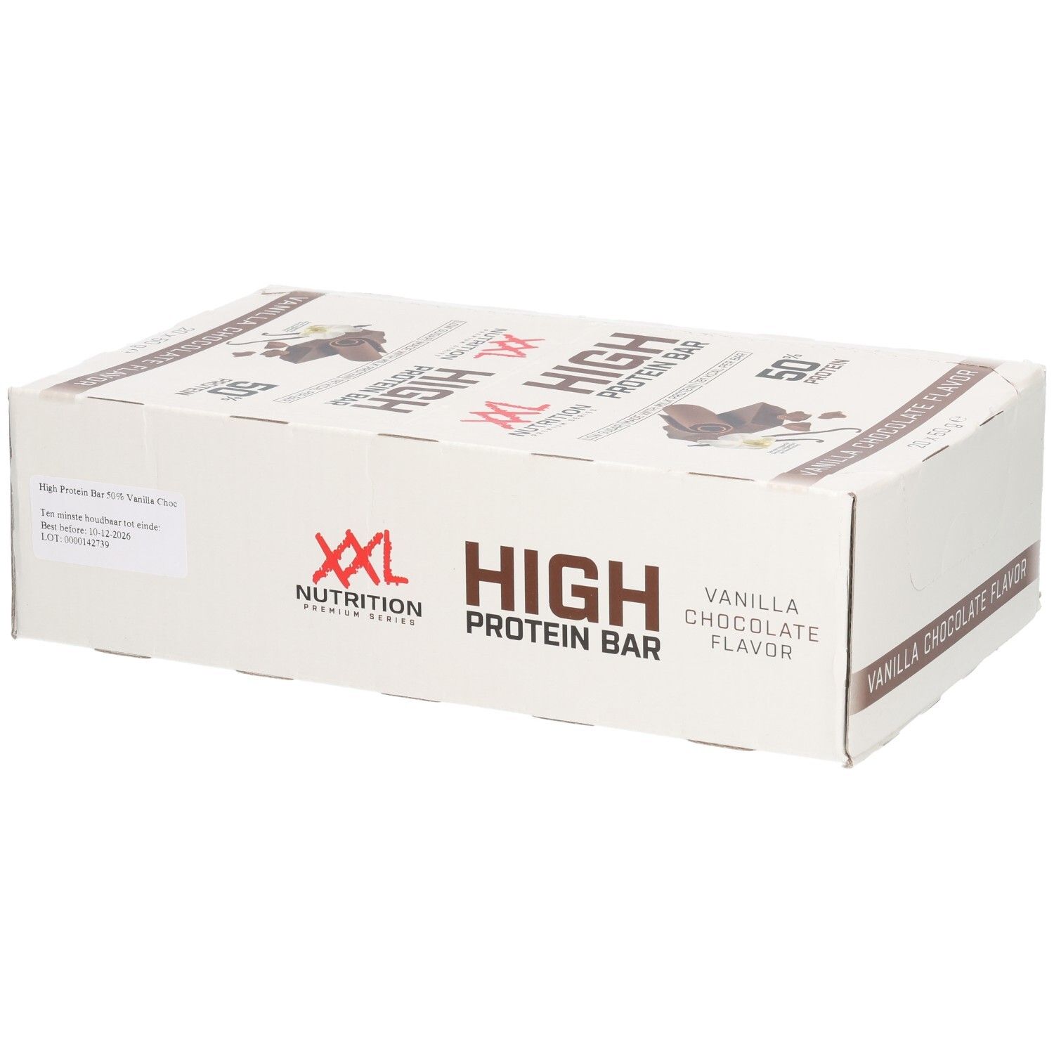 Doos XXL Nutrition High Protein Bar. Opschrift: Vanilla Chocolate Flavor, High Protein Bar, 50% Protein.