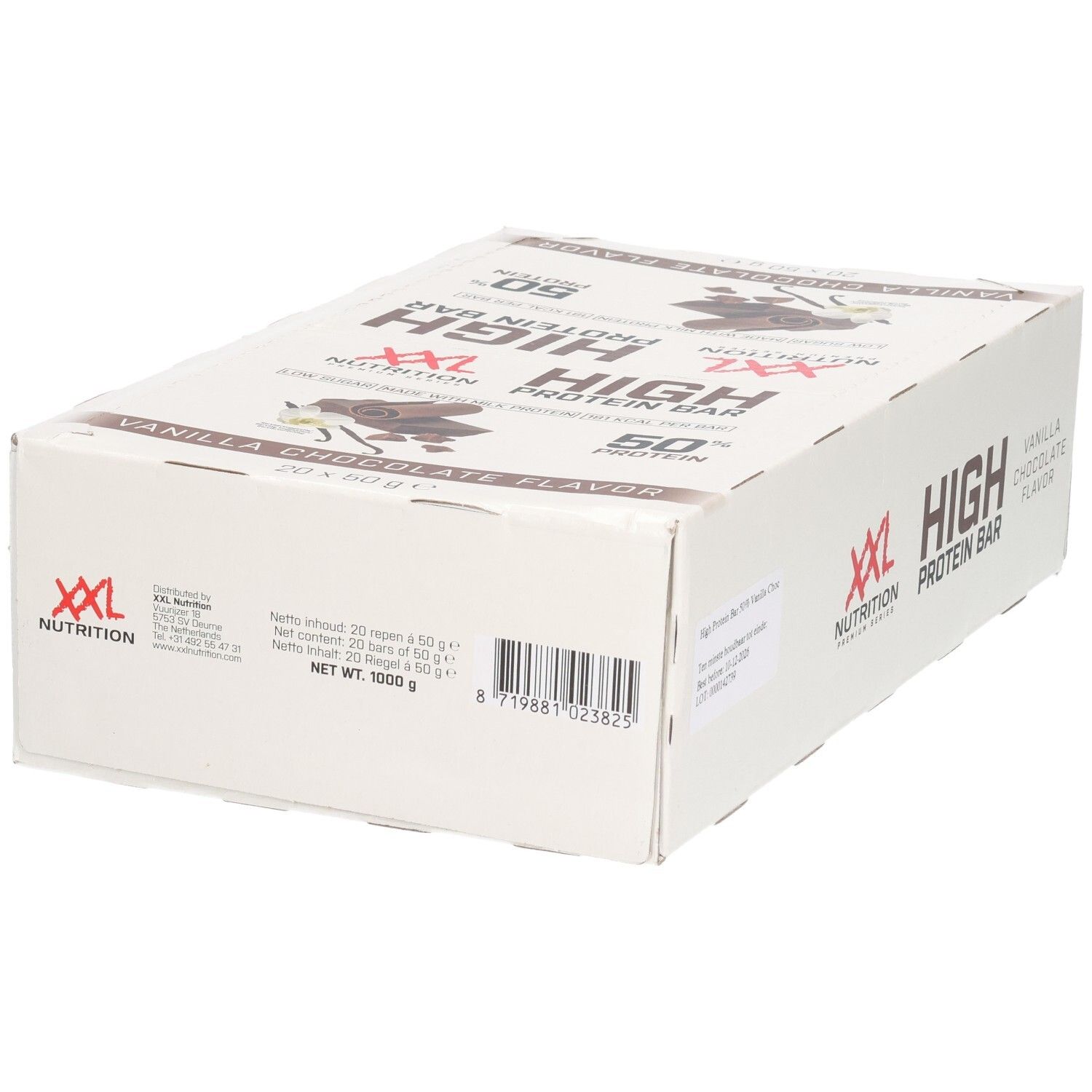 Doos XXL Nutrition High Protein Bar. Opschrift: Vanilla Chocolate Flavor, High Protein Bar, 50% Protein.