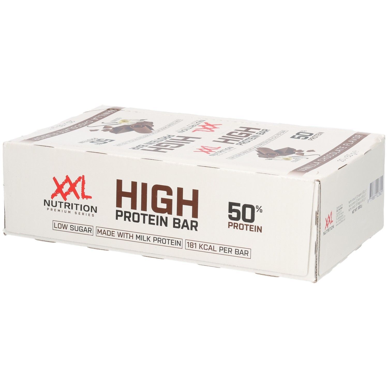 Doos XXL Nutrition High Protein Bar. Opschrift: Vanilla Chocolate Flavor, High Protein Bar, 50% Protein.