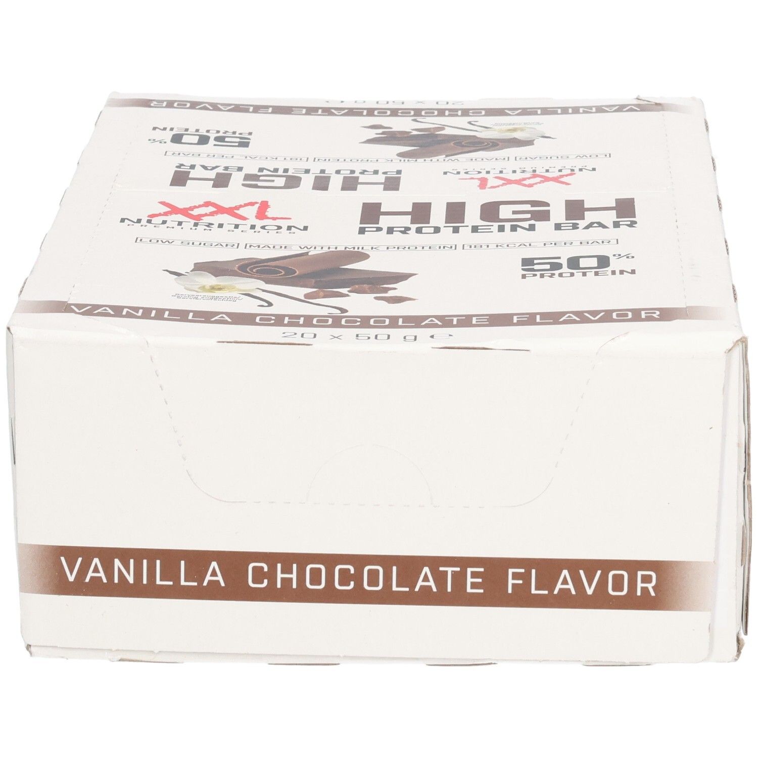 Doos XXL Nutrition High Protein Bar. Opschrift: Vanilla Chocolate Flavor, High Protein Bar, 50% Protein.