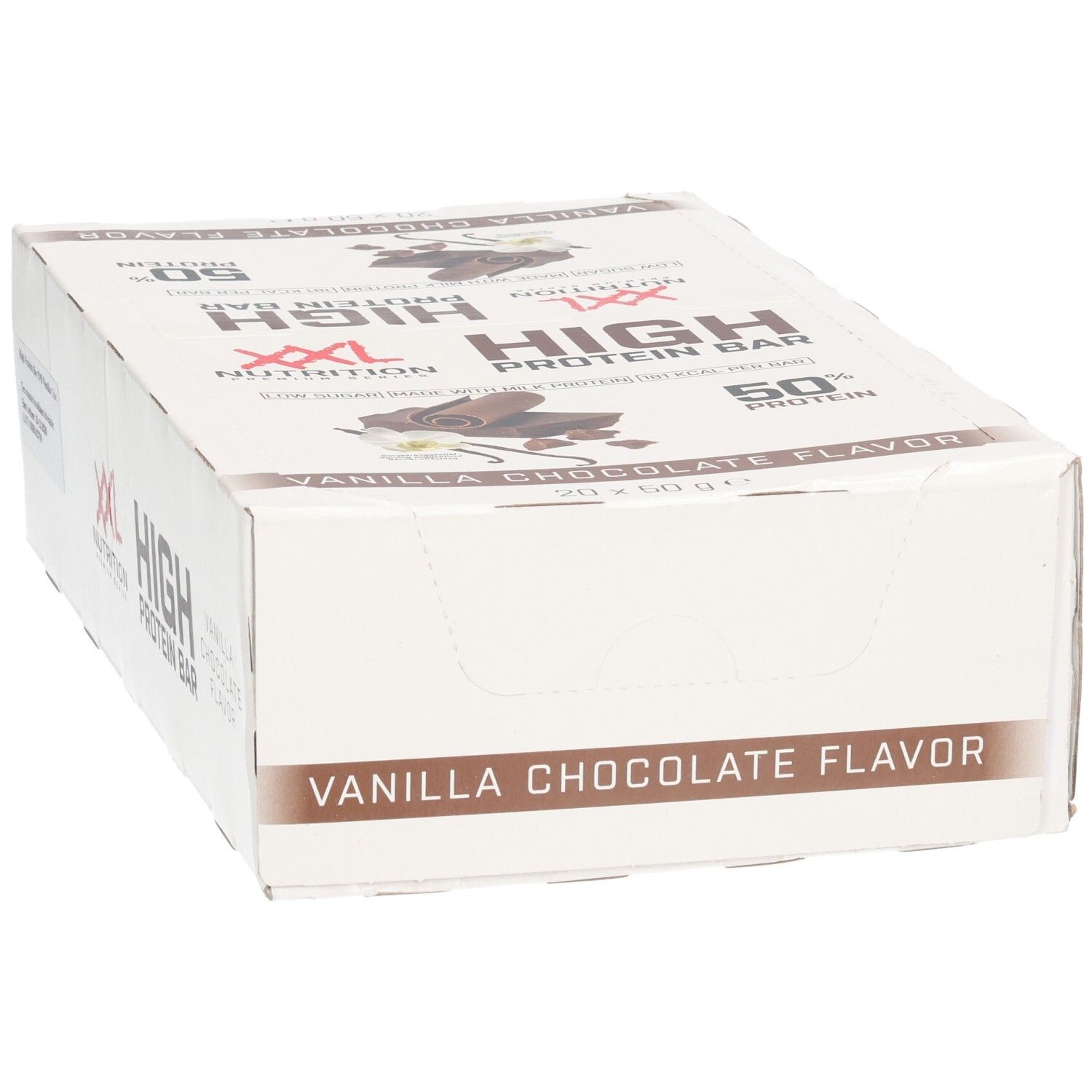 Doos XXL Nutrition High Protein Bar. Opschrift: Vanilla Chocolate Flavor, High Protein Bar, 50% Protein.