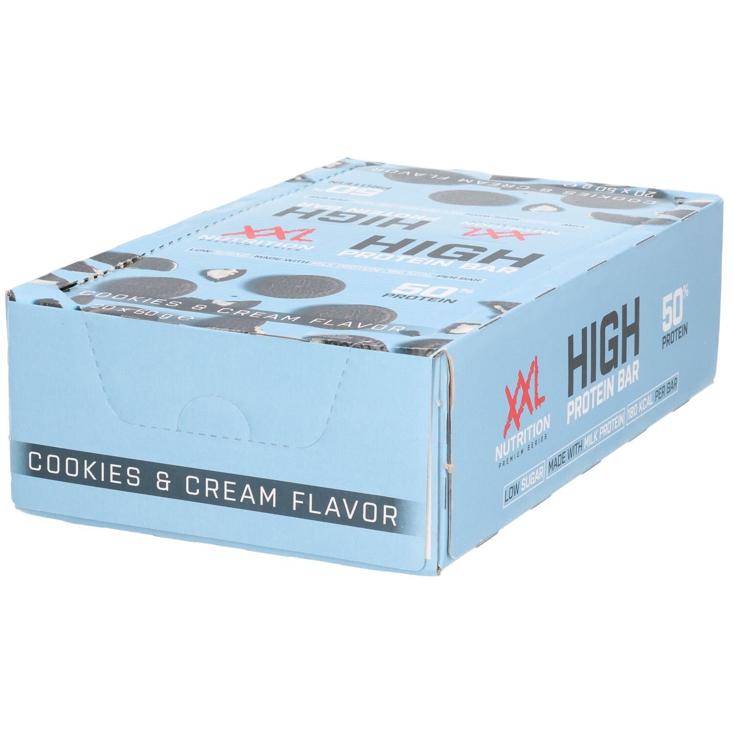 Boîte bleu clair XXL Nutrition High Protein Bar. Inscription : Cookies & Cream Flavor, High Protein Bar, 50% de protéines.