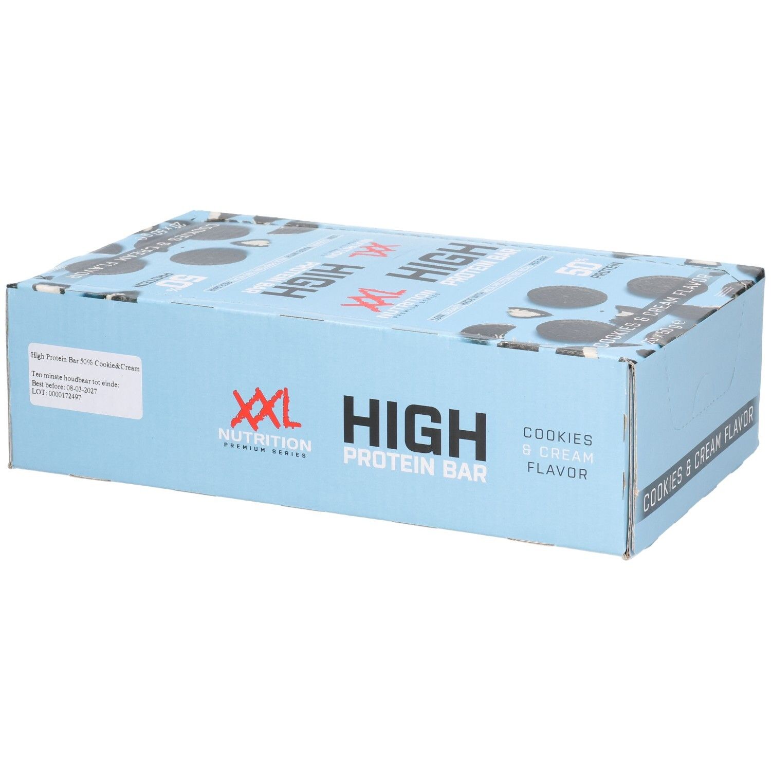 Boîte bleu clair XXL Nutrition High Protein Bar. Inscription : Cookies & Cream Flavor, High Protein Bar, 50% de protéines.
