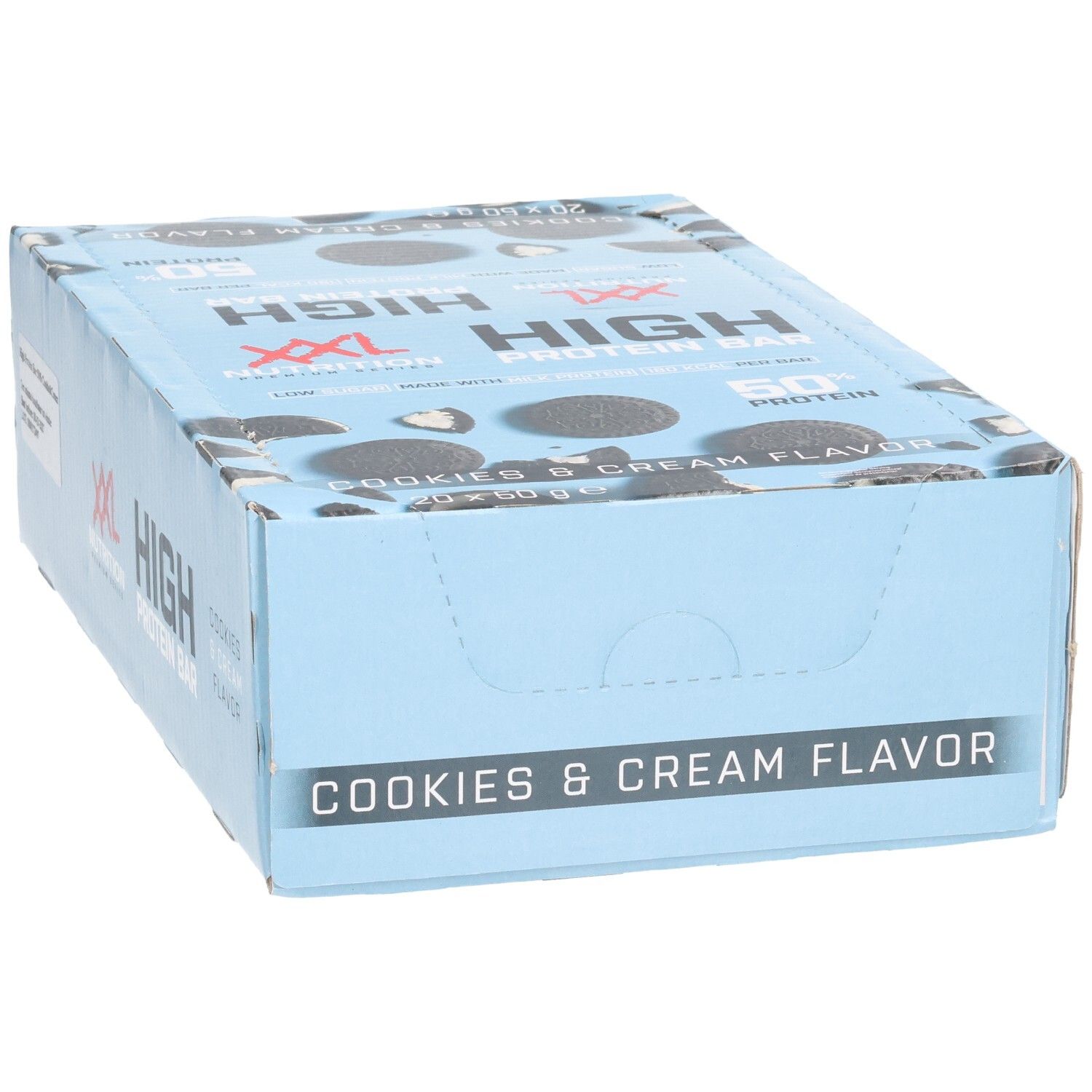 Boîte bleu clair XXL Nutrition High Protein Bar. Inscription : Cookies & Cream Flavor, High Protein Bar, 50% de protéines.
