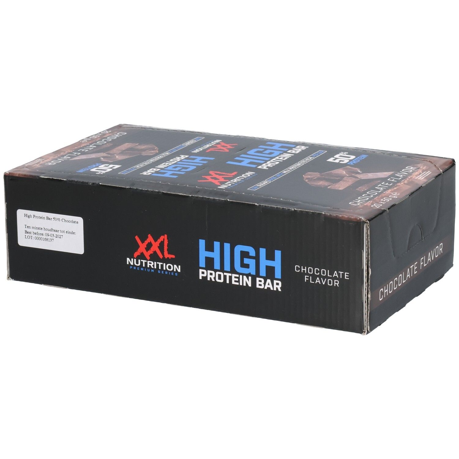 Boîte noire de barres protéinées XXL Nutrition. Inscription: Chocolate Flavor, High Protein Bar, 50% de protéines.