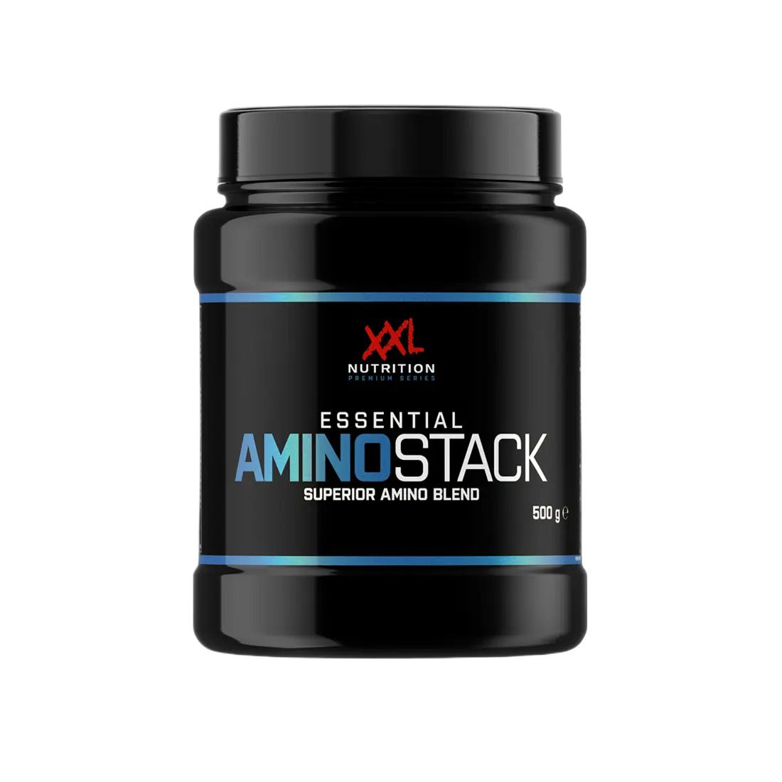 Pot noir avec le nom du produit Essential Amino Stack. Inscription: XXL Nutrition, Superior Amino Blend, 500g.