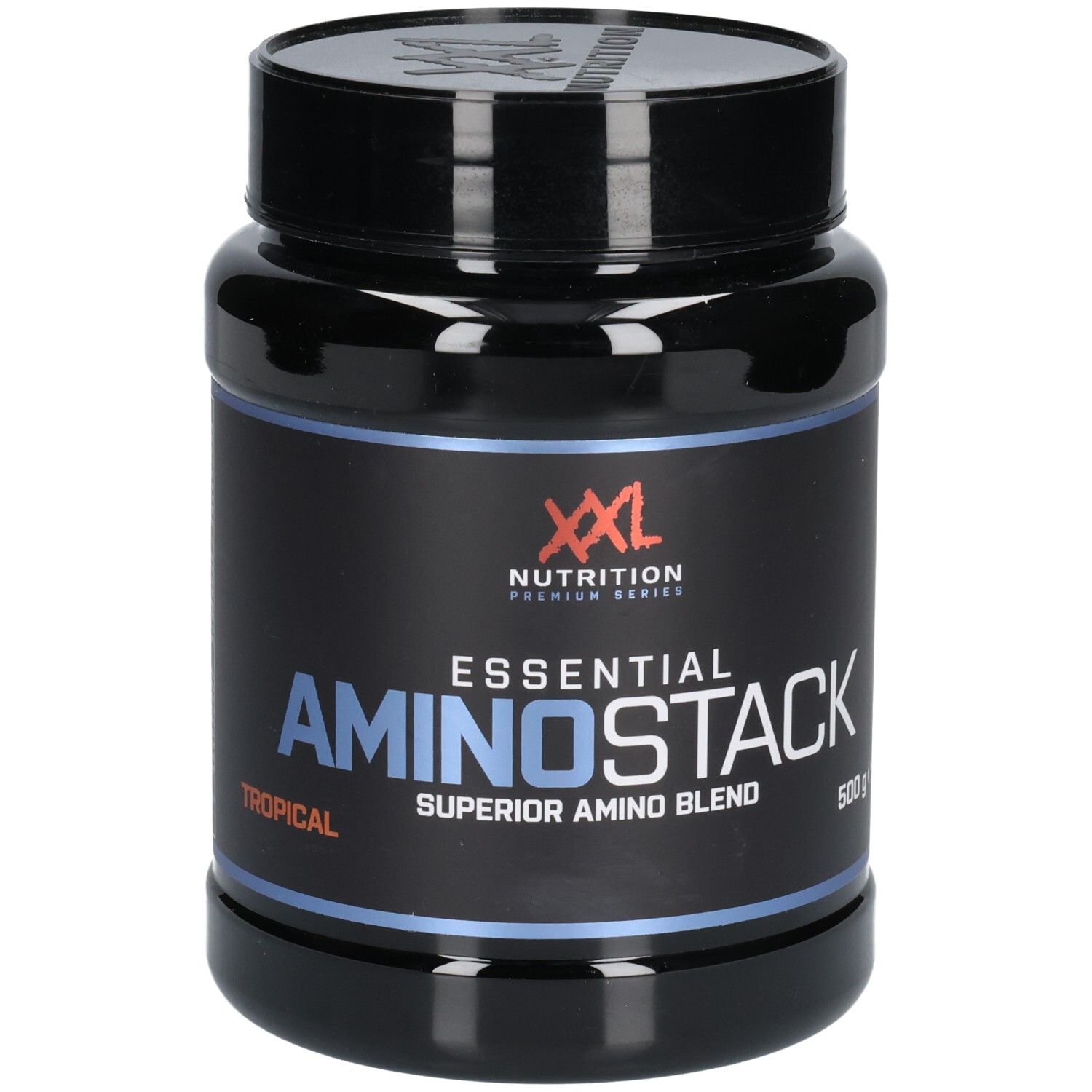 Pot noir avec le nom du produit Essential Amino Stack. Inscription: XXL Nutrition, Tropical, Superior Amino Blend.