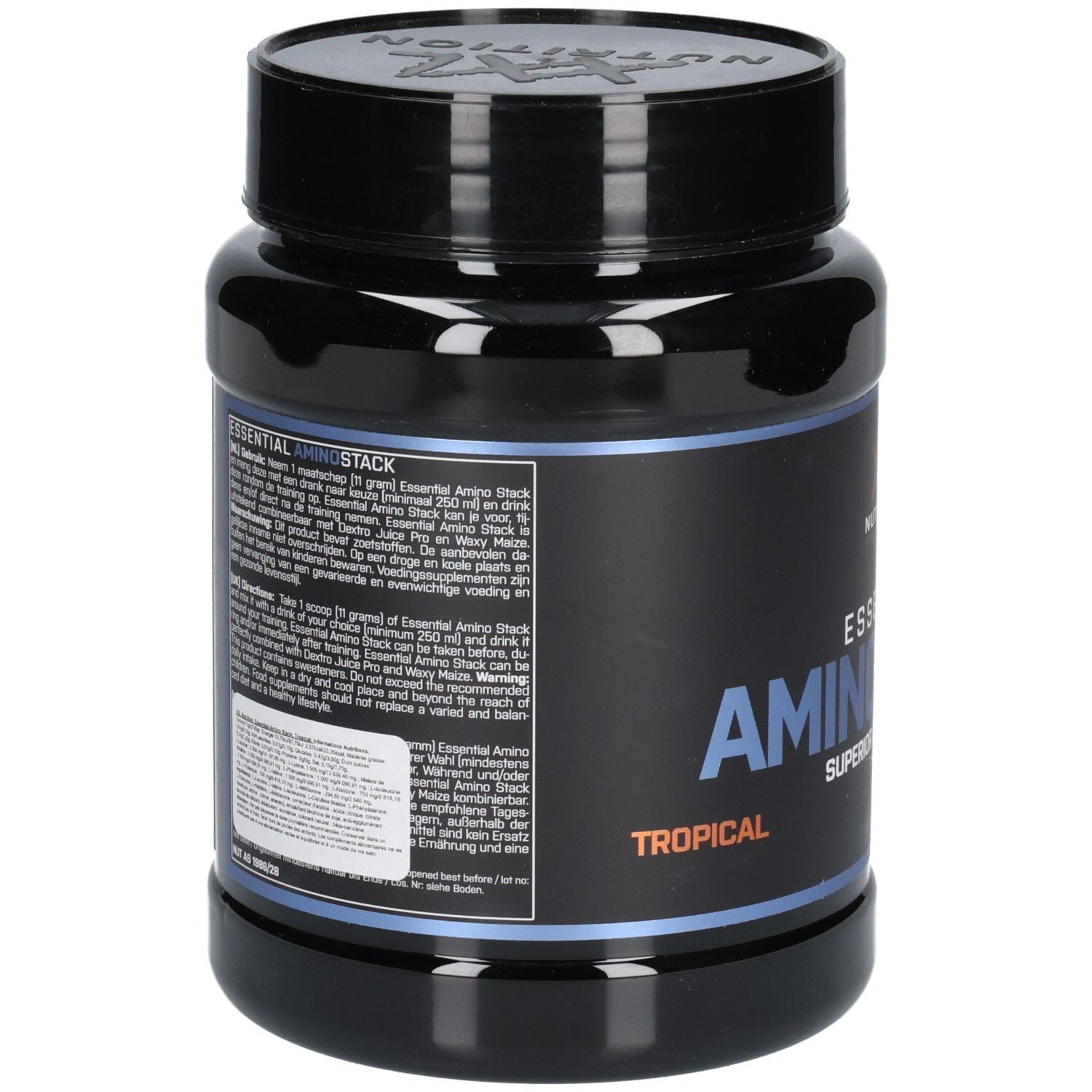 Pot noir, dos avec informations produit. Texte: Essential Amino Stack, Tropical, ingrédients, informations nutritionnelles.