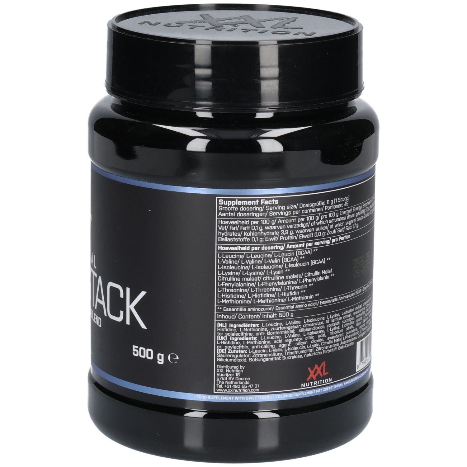 Pot noir, dos avec informations produit. Texte: Essential Amino Stack, informations nutritionnelles, ingrédients, 500 g.