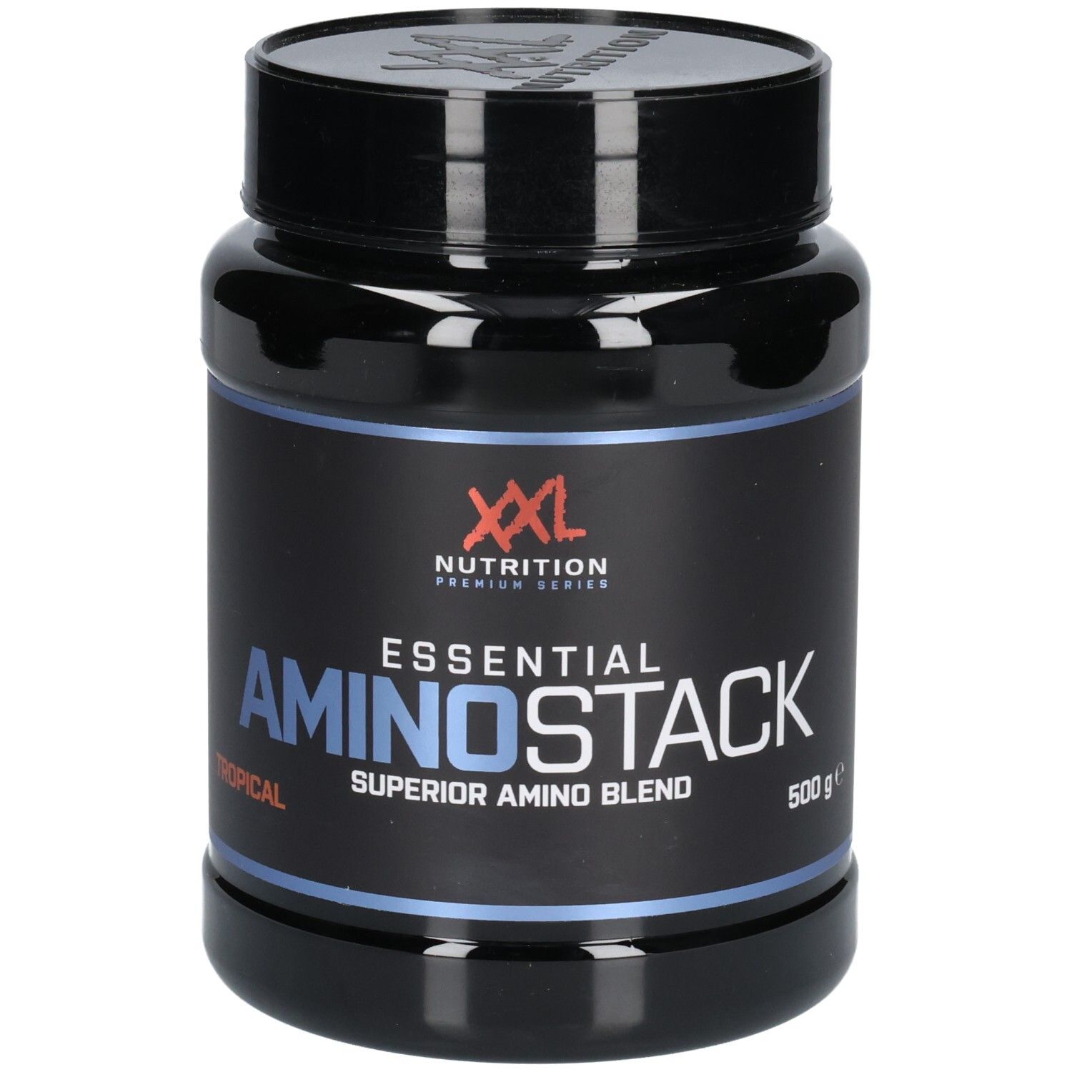 Pot noir avec le nom du produit Essential Amino Stack. Inscription: XXL Nutrition, Tropical, Superior Amino Blend, 500g.
