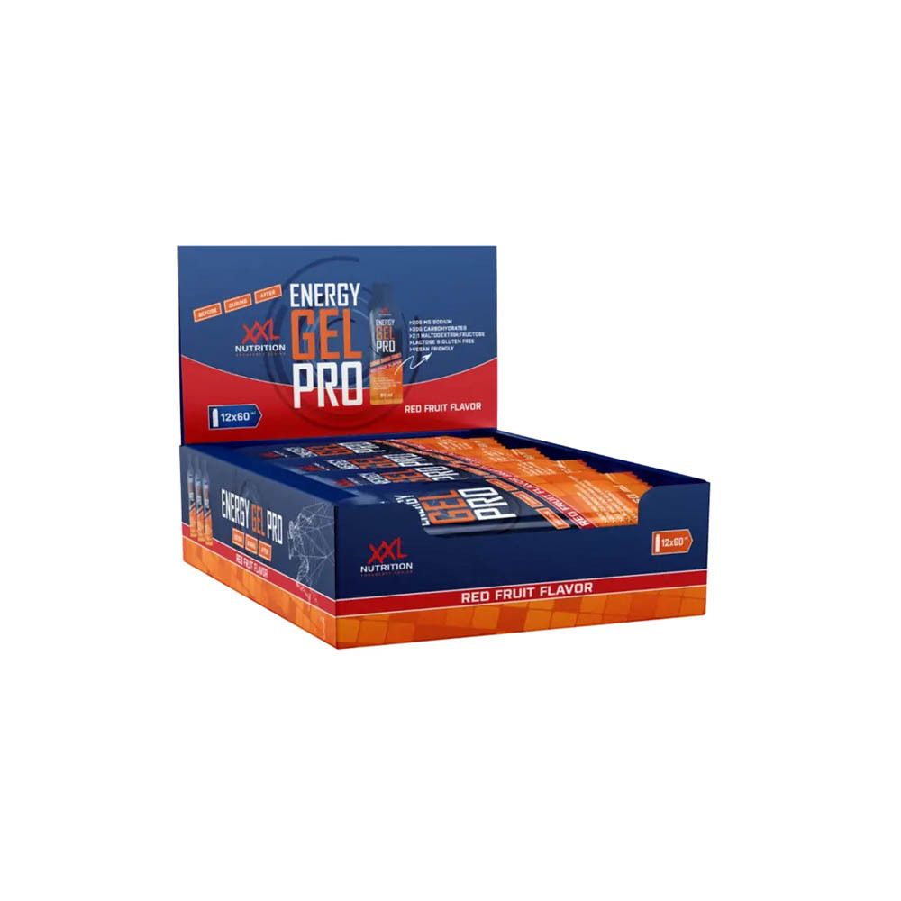 Présentoir Energy Gel Pro. Emballage bleu et rouge. Inscription : Energy Gel Pro, Red Fruit Flavor. 12x60. Gels visibles.