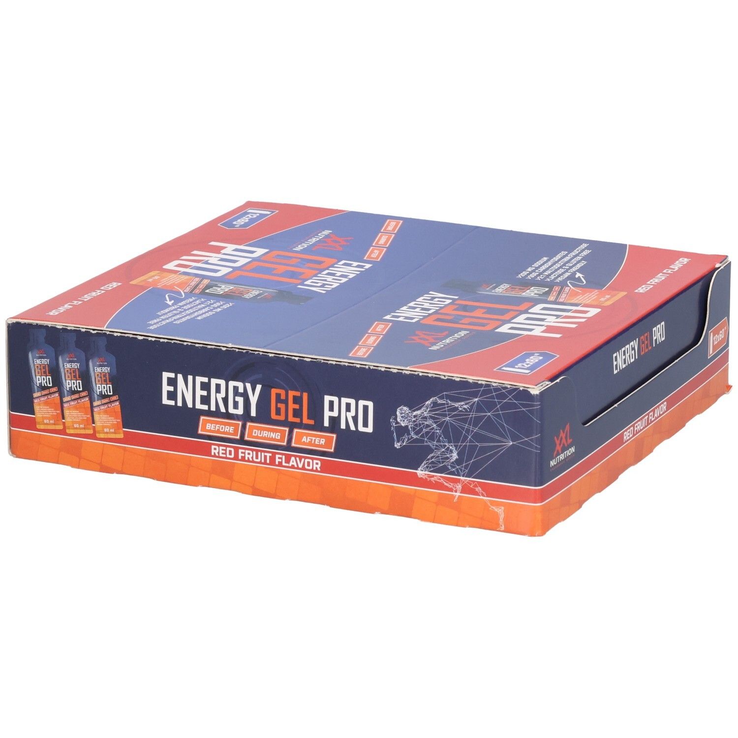 Boîte de Energy Gel Pro. Emballage bleu et rouge. Inscription : Energy Gel Pro, Red Fruit Flavor. 12x60. Gels visibles.